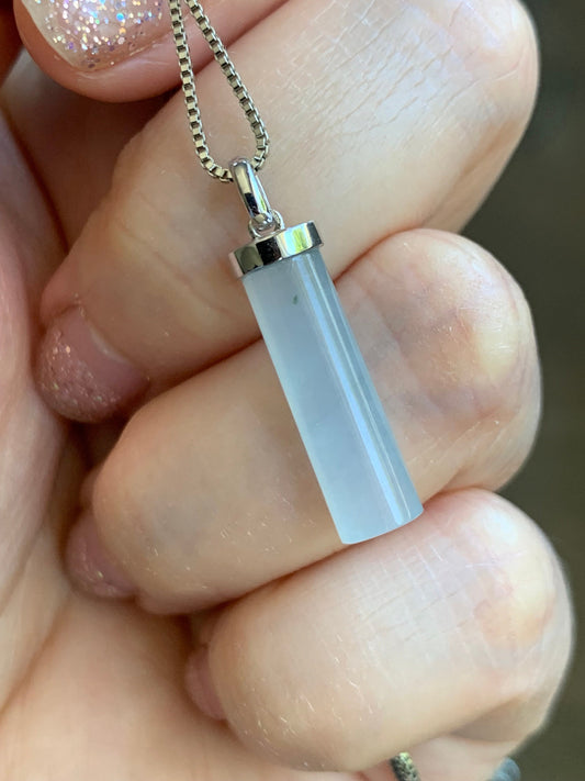 Certified Natural Burmese Icy Translucent Gelatinous White Jadeite Cylinder Pendant 18K White Gold Bail 2.11g 天然缅甸白冰胶翡翠椭圆圆柱镶嵌吊坠 7035
