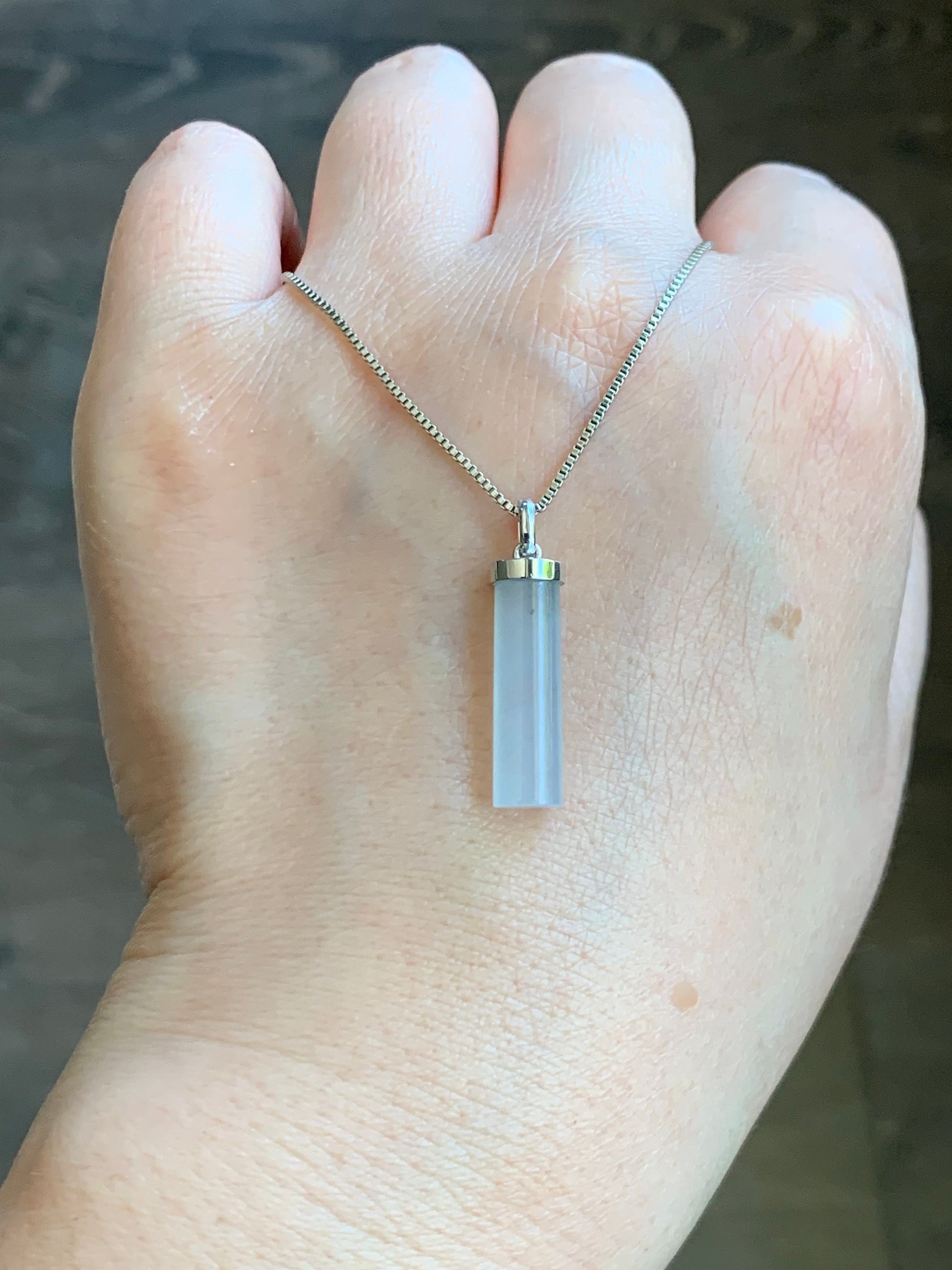 Certified Natural Burmese Icy Translucent Gelatinous White Jadeite Cylinder Pendant 18K White Gold Bail 2.11g 天然缅甸白冰胶翡翠椭圆圆柱镶嵌吊坠 7035
