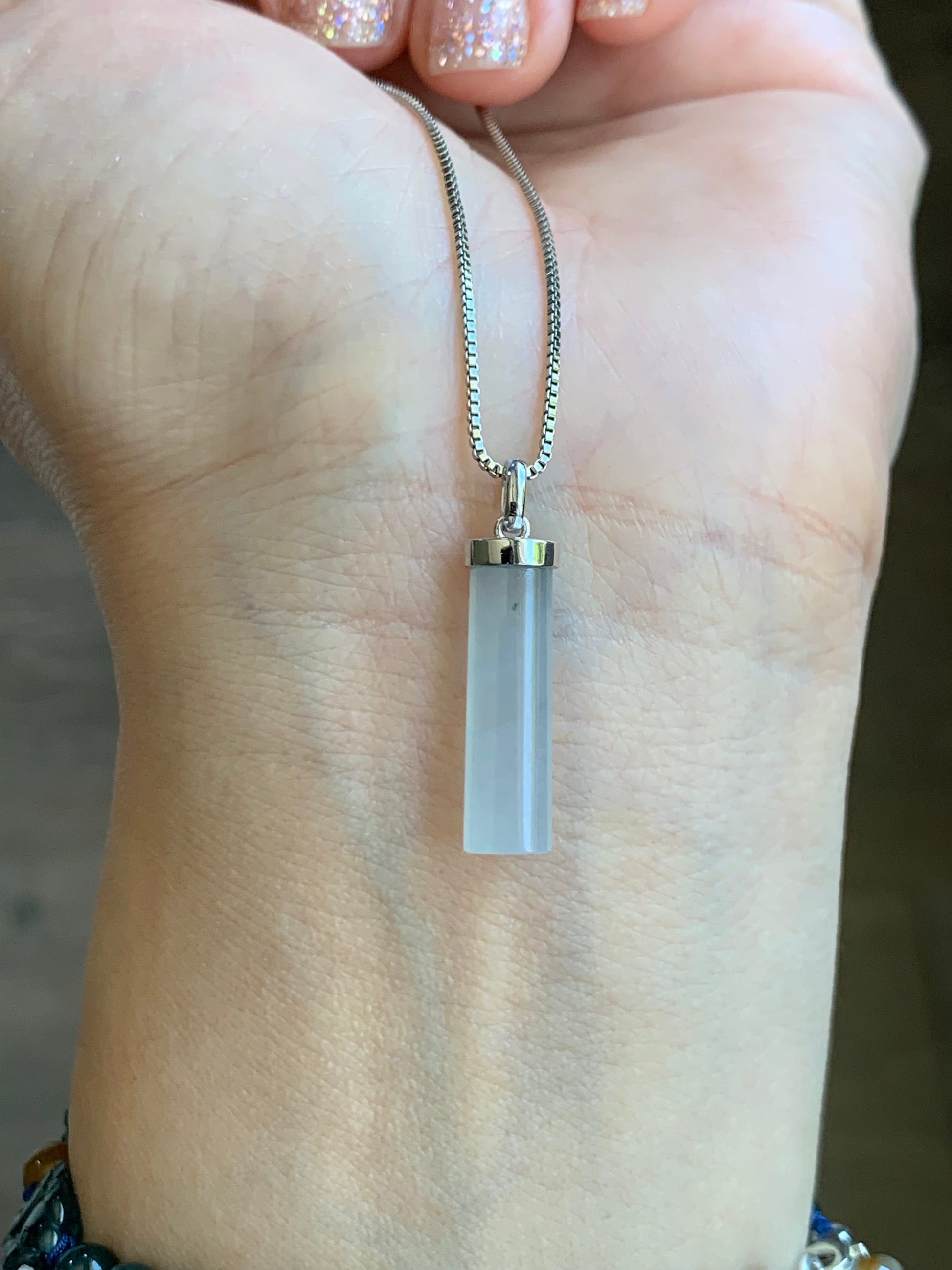 Certified Natural Burmese Icy Translucent Gelatinous White Jadeite Cylinder Pendant 18K White Gold Bail 2.11g 天然缅甸白冰胶翡翠椭圆圆柱镶嵌吊坠 7035