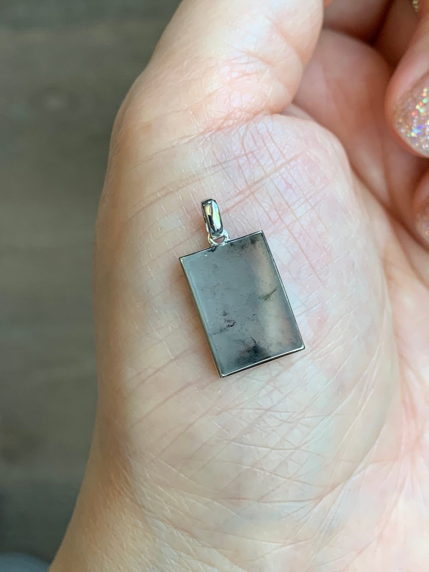 Certified Natural Burmese Icy Highly Translucent Wuji Jadeite Rectangle Wu Shi Pai Blessing Amulet 18K White Gold 天然缅甸冰胶乌鸡翡翠无事牌镶嵌吊坠 7065