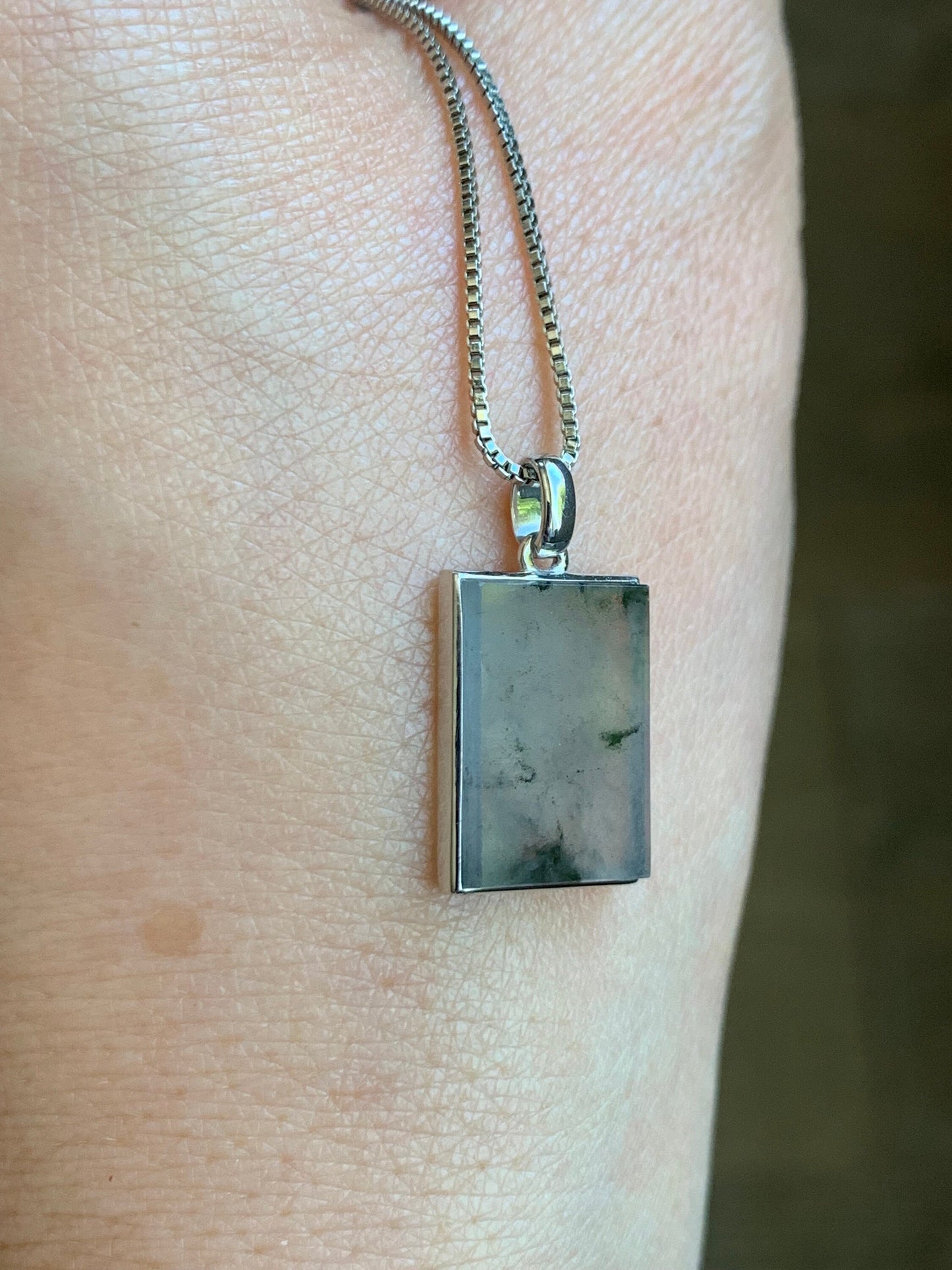 Certified Natural Burmese Icy Highly Translucent Wuji Jadeite Rectangle Wu Shi Pai Blessing Amulet 18K White Gold 天然缅甸冰胶乌鸡翡翠无事牌镶嵌吊坠 7065