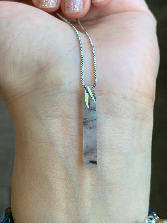 Certified Natural Burmese Icy Highly Translucent Wuji Jadeite Elongated Rectangle Pendant 18K White Gold Leaf Bail 天然缅甸老种冰乌鸡翡翠树叶款镶嵌吊坠 7068