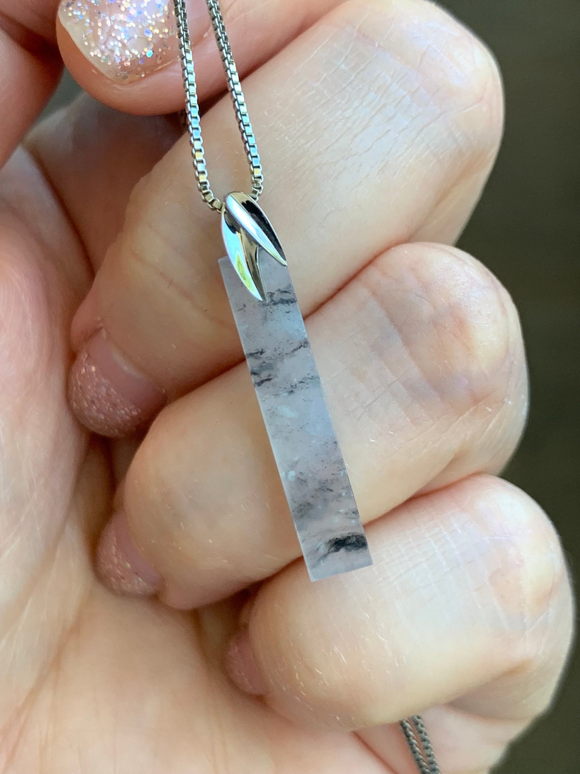 Certified Natural Burmese Icy Highly Translucent Wuji Jadeite Elongated Rectangle Pendant 18K White Gold Leaf Bail 天然缅甸老种冰乌鸡翡翠树叶款镶嵌吊坠 7068