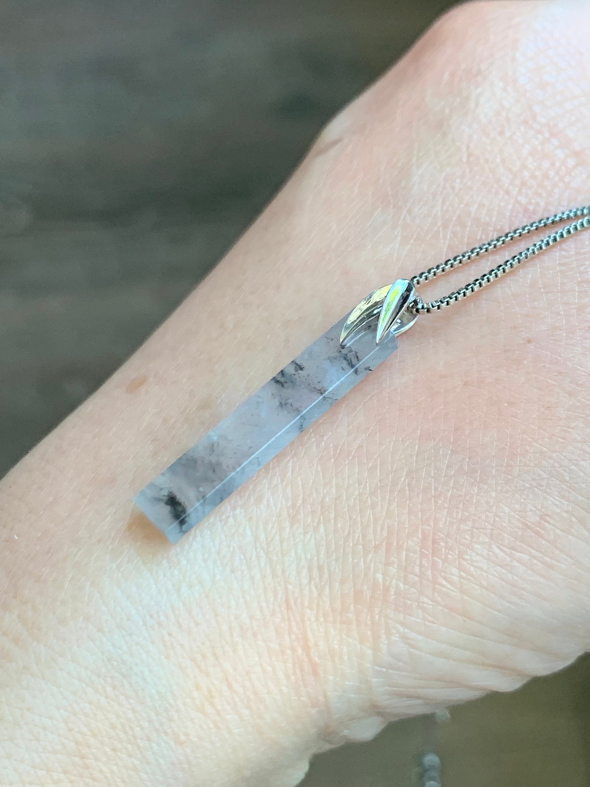 Certified Natural Burmese Icy Highly Translucent Wuji Jadeite Elongated Rectangle Pendant 18K White Gold Leaf Bail 天然缅甸老种冰乌鸡翡翠树叶款镶嵌吊坠 7068