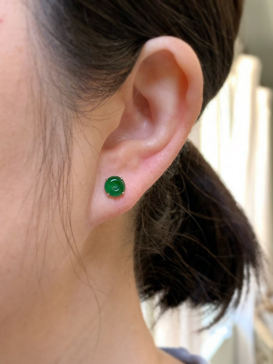 Certified Natural Guatemalan Icy Translucent Vibrant Green Jadeite Mini Ping An Kou Stud Earrings 18K White Gold 天然高冰危绿翡翠迷你平安扣镶嵌耳钉 7041