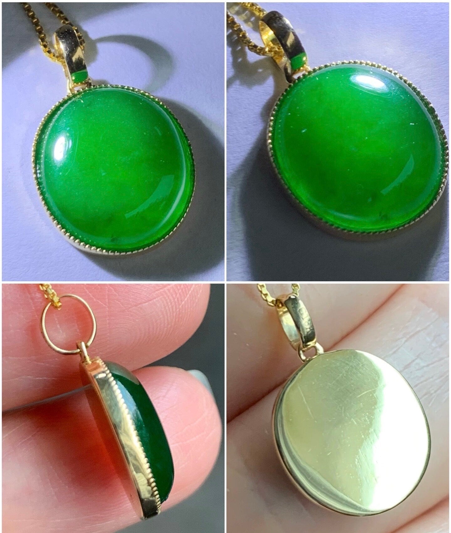Certified Natural Guatemalan Icy Highly Translucent Vibrant Green Jadeite Oval Pendant 18K Yellow Gold 天然老种冰危绿翡翠镶嵌吊坠 1456
