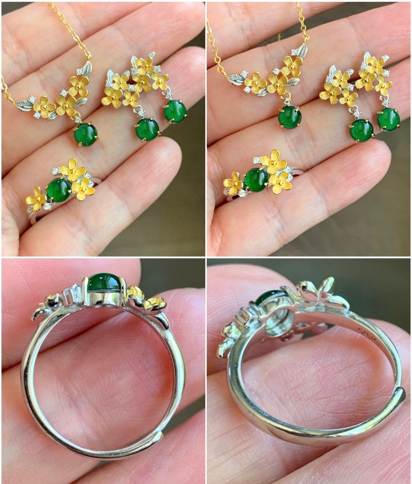 Natural Guatemalan Icy Translucent Vibrant Green Jadeite Spring Flower Ring Sterling Silver Adjustable Size 7 天然高冰危绿翡翠银镶戒指 HHW60