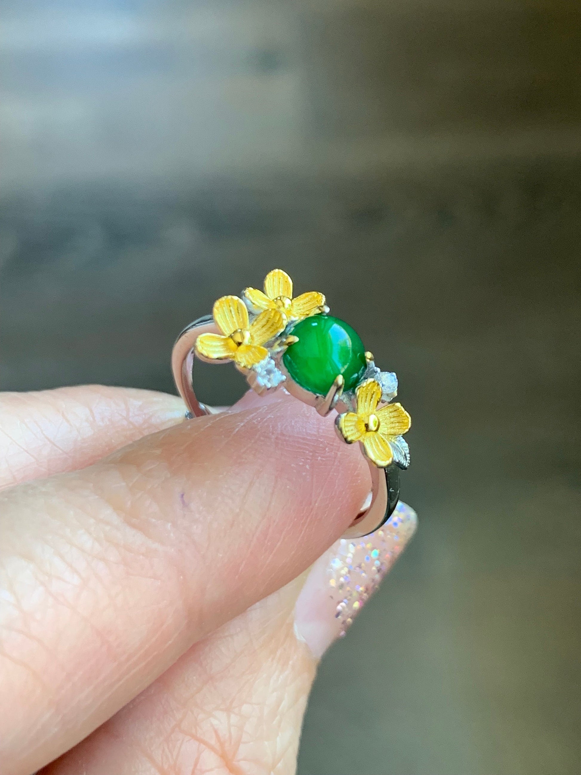 Natural Guatemalan Icy Translucent Vibrant Green Jadeite Spring Flower Ring Sterling Silver Adjustable Size 7 天然高冰危绿翡翠银镶戒指 HHW60
