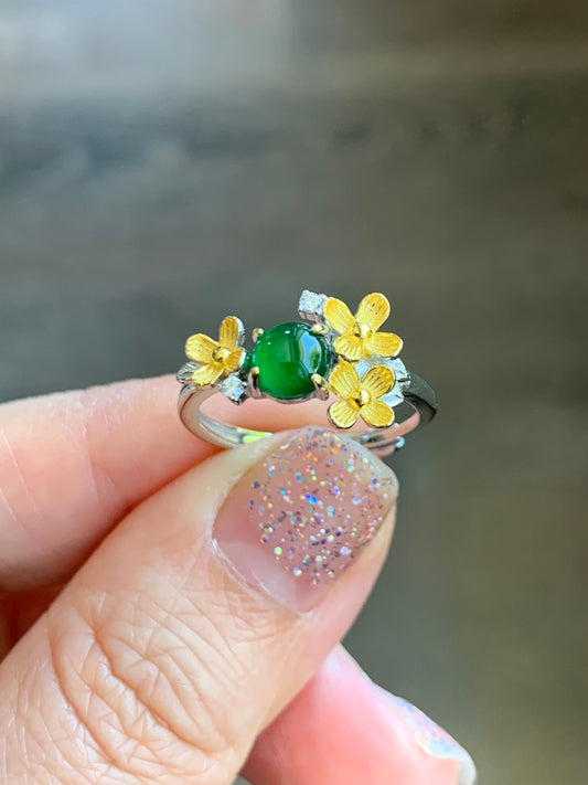 Natural Guatemalan Icy Translucent Vibrant Green Jadeite Spring Flower Ring Sterling Silver Adjustable Size 7 天然高冰危绿翡翠银镶戒指 HHW60