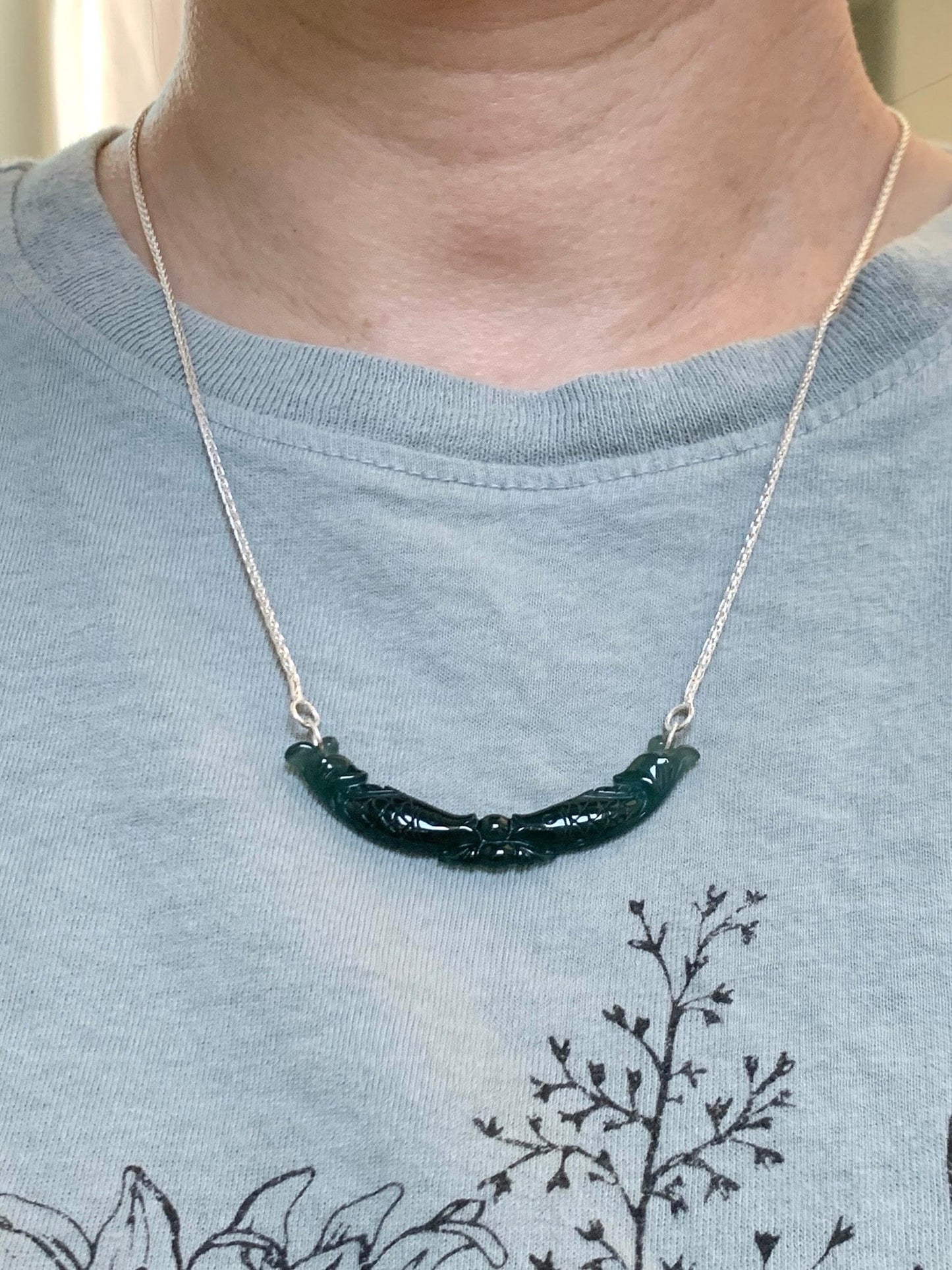 Natural Guatemalan Icy Translucent Deep Teal Blue Jadeite Double Fish Crescent Pendant 999 Sterling Silver Necklace 20” 天然冰胶危料湖水蓝翡翠双鱼玉横足银项链