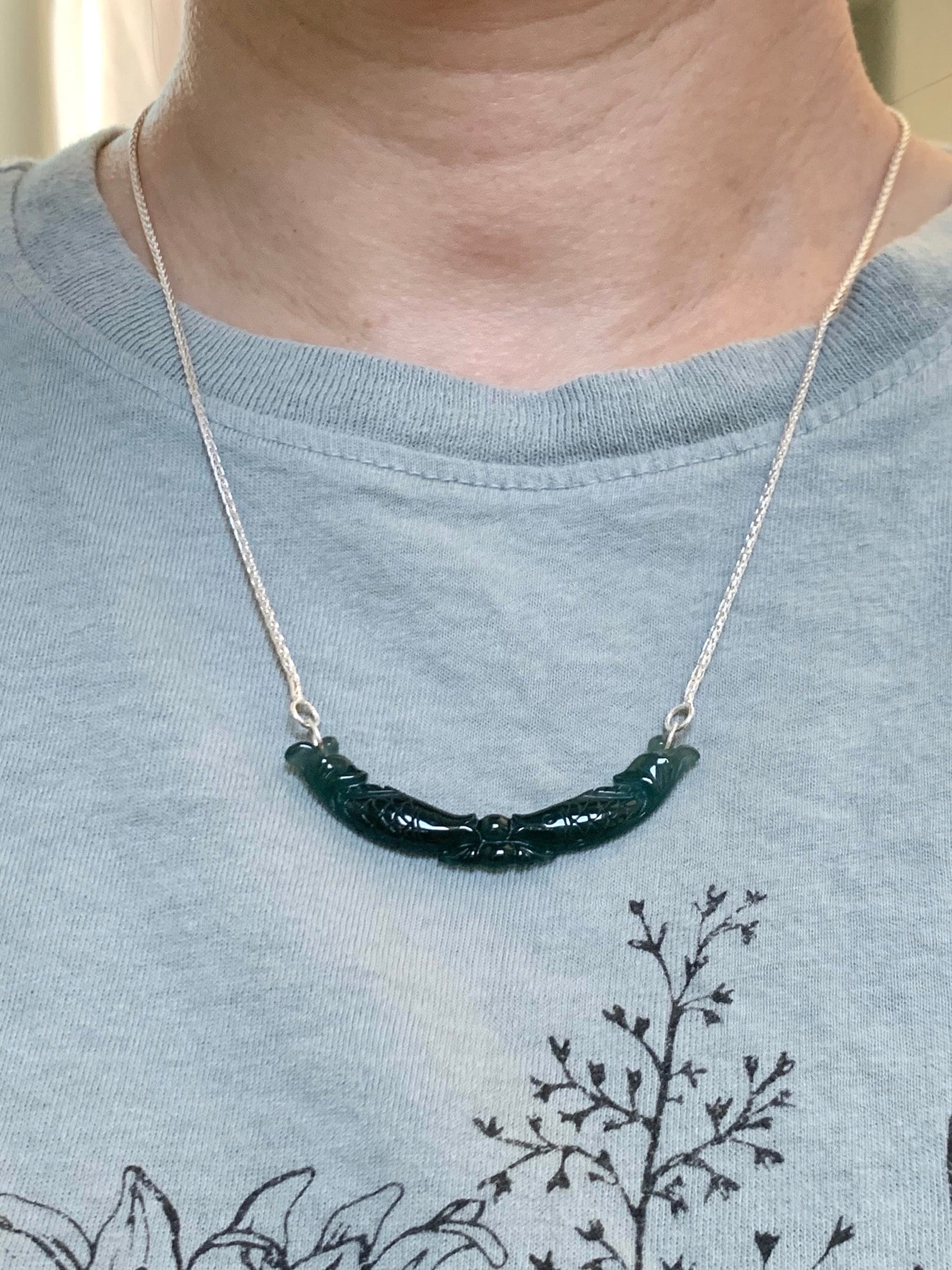 Natural Guatemalan Icy Translucent Deep Teal Blue Jadeite Double Fish Crescent Pendant 999 Sterling Silver Necklace 20” 天然冰胶危料湖水蓝翡翠双鱼玉横足银项链
