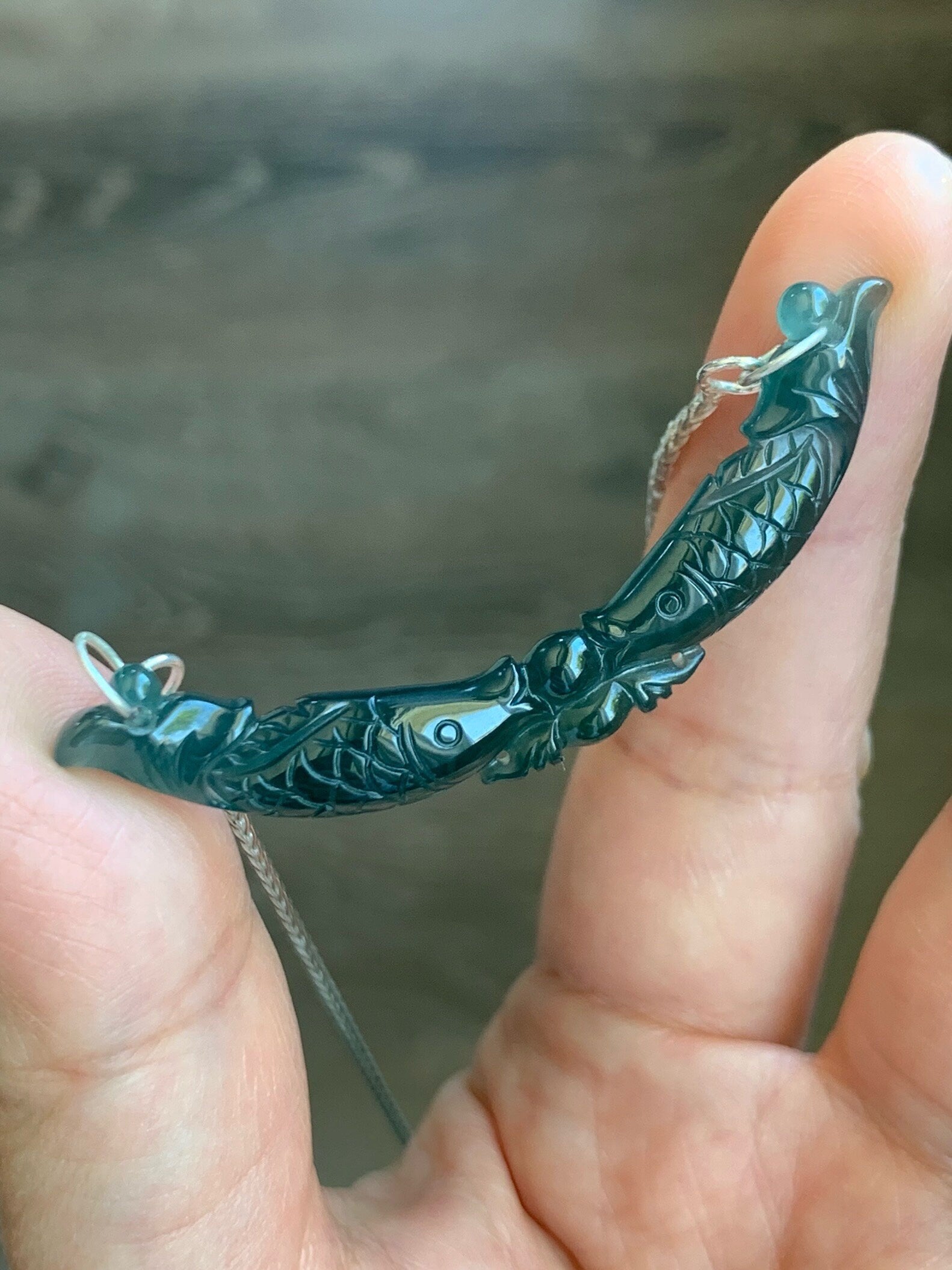 Natural Guatemalan Icy Translucent Deep Teal Blue Jadeite Double Fish Crescent Pendant 999 Sterling Silver Necklace 20” 天然冰胶危料湖水蓝翡翠双鱼玉横足银项链