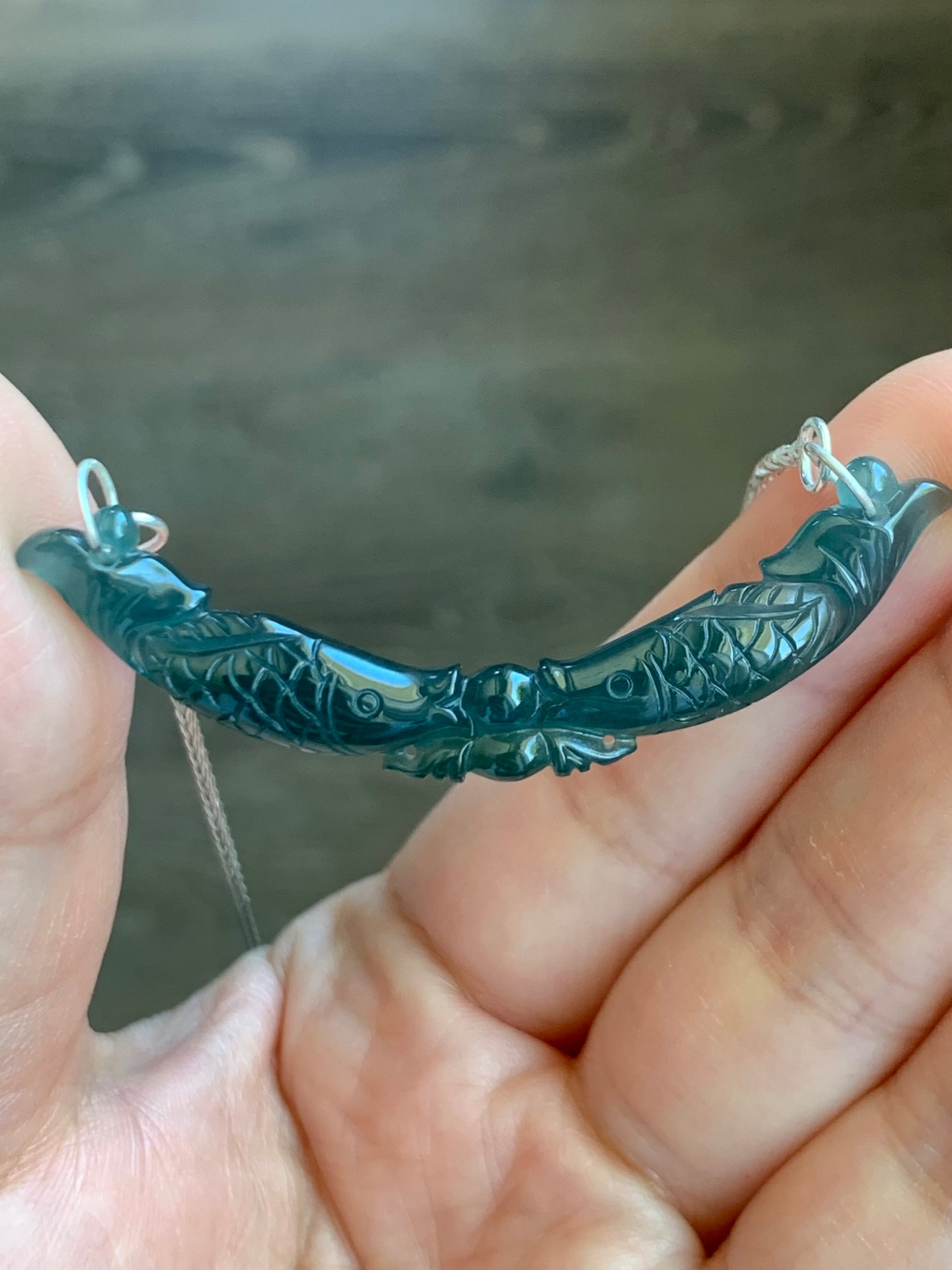 Natural Guatemalan Icy Translucent Deep Teal Blue Jadeite Double Fish Crescent Pendant 999 Sterling Silver Necklace 20” 天然冰胶危料湖水蓝翡翠双鱼玉横足银项链