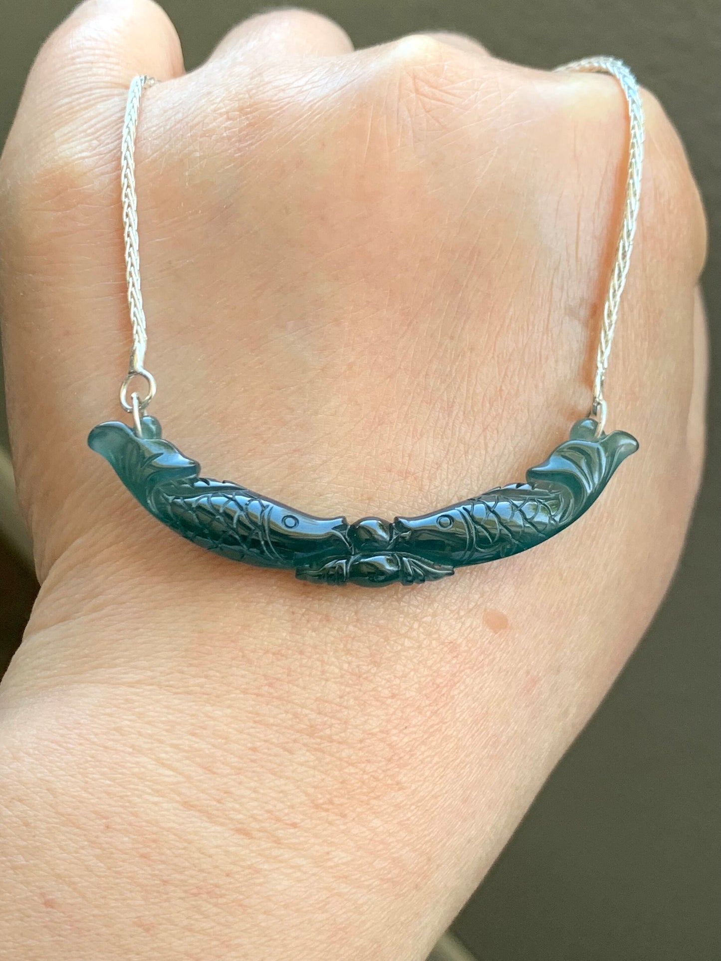 Natural Guatemalan Icy Translucent Deep Teal Blue Jadeite Double Fish Crescent Pendant 999 Sterling Silver Necklace 20” 天然冰胶危料湖水蓝翡翠双鱼玉横足银项链