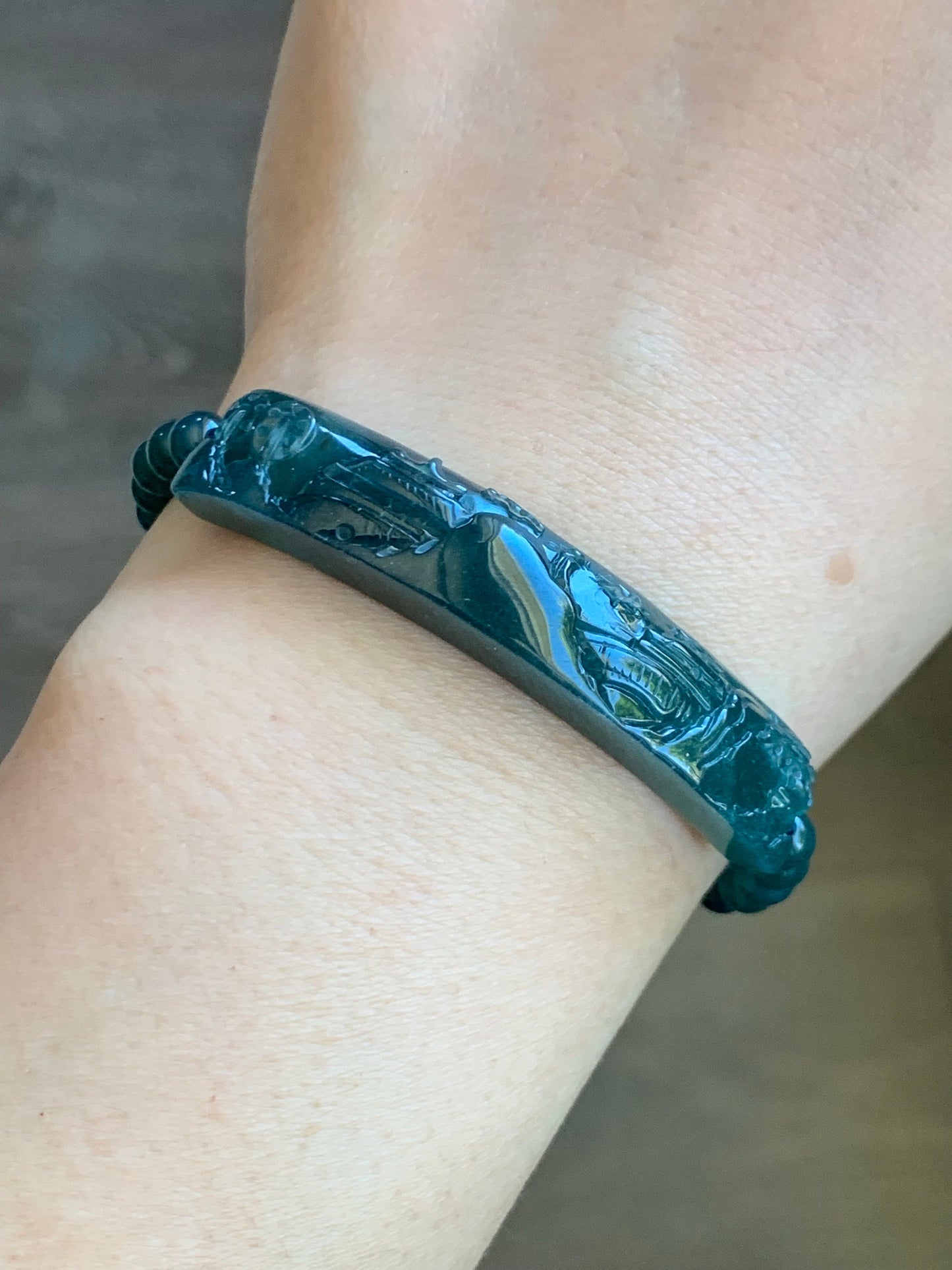 Natural Guatemalan Icy Translucent Gelatinous Deep Teal Blue Purple Marbled Jadeite Shan Shui Cuff Beaded Bracelet 6.75” 15g 天然冰危湖水绿翡翠山水牌手串