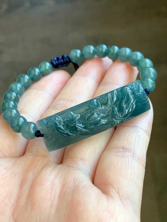 Natural Guatemalan Icy Translucent Gelatinous Dusty Teal Blue Jadeite Carved Shan Shui Cuff Beaded Bracelet 6.75” 19g 天然冰危蓝绿翡翠山水牌手串