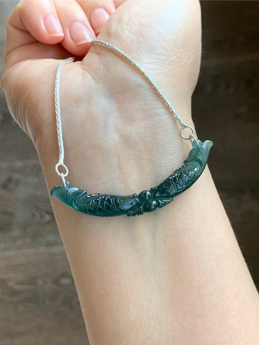 Natural Guatemalan Icy Translucent Deep Teal Blue Jadeite Double Fish Crescent Pendant 999 Sterling Silver Necklace 20” 天然冰胶危料湖水蓝翡翠双鱼玉横足银项链