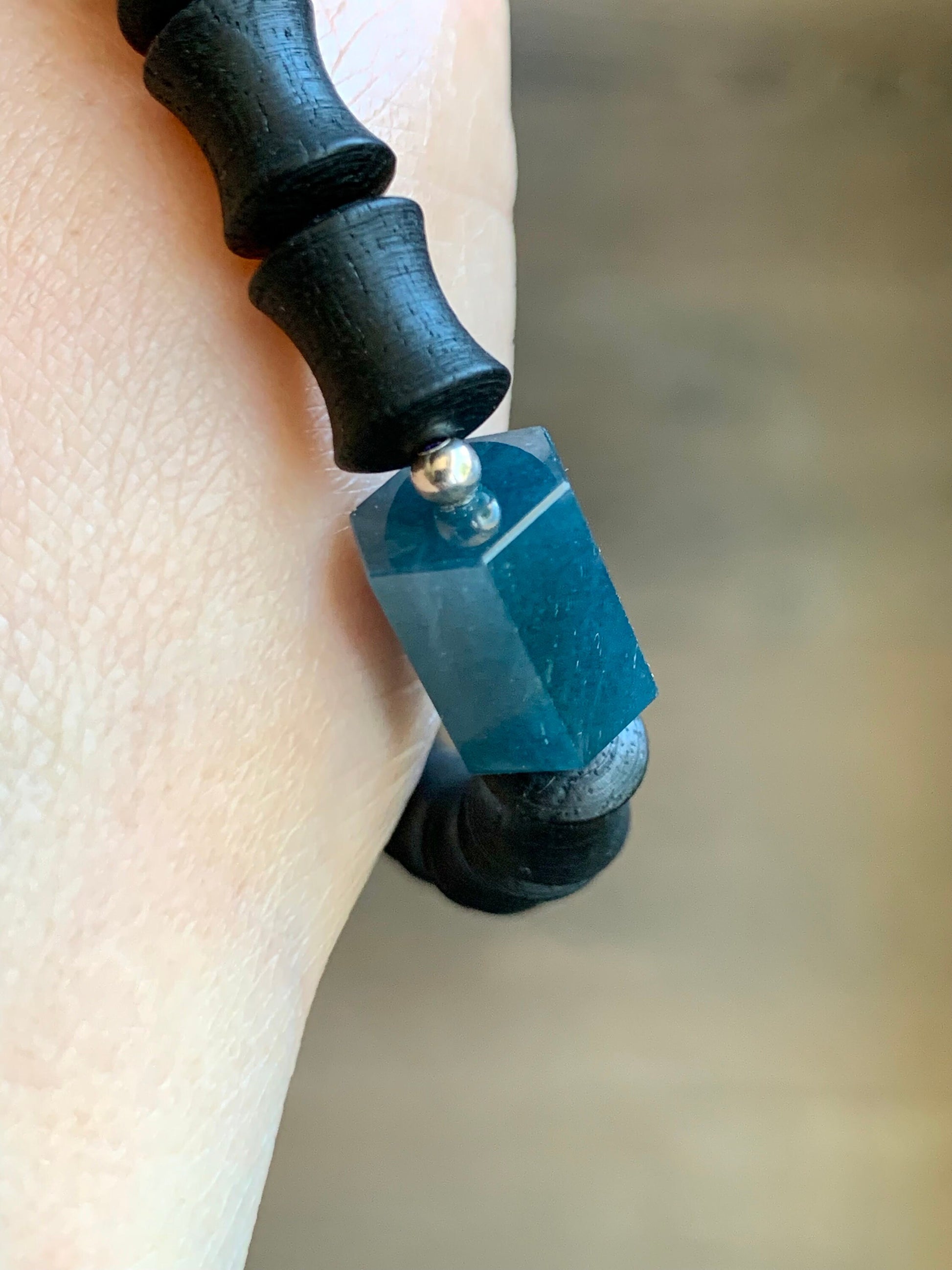 Natural Guatemalan Icy Translucent Indigo Blue Jadeite Hexagonal Prism Bead Vietnamese Agarwood Beaded Bracelet 6.75” 天然冰危牛仔蓝翡翠六棱珠越南土沉香木珠手串