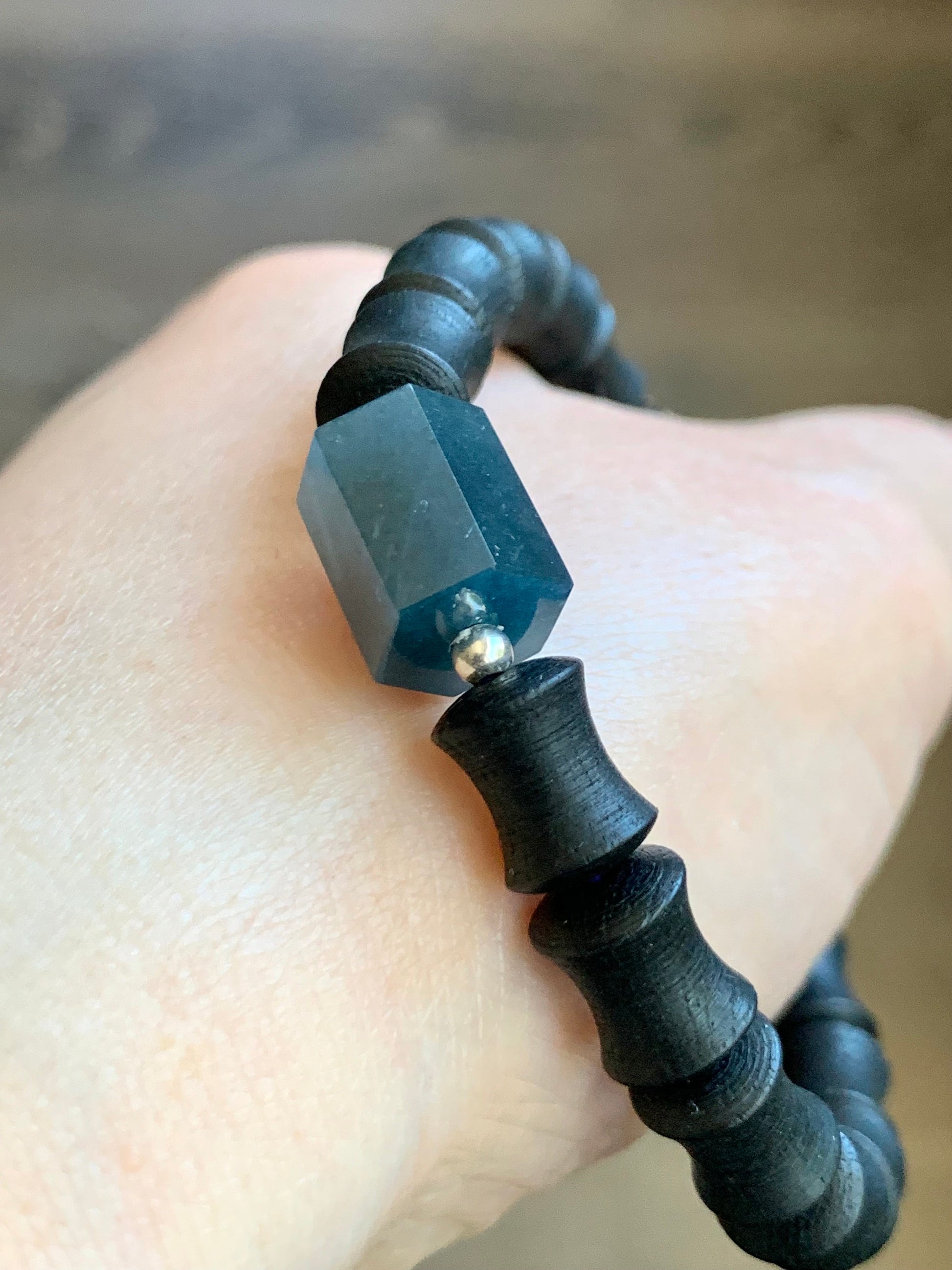 Natural Guatemalan Icy Translucent Indigo Blue Jadeite Hexagonal Prism Bead Vietnamese Agarwood Beaded Bracelet 6.75” 天然冰危牛仔蓝翡翠六棱珠越南土沉香木珠手串
