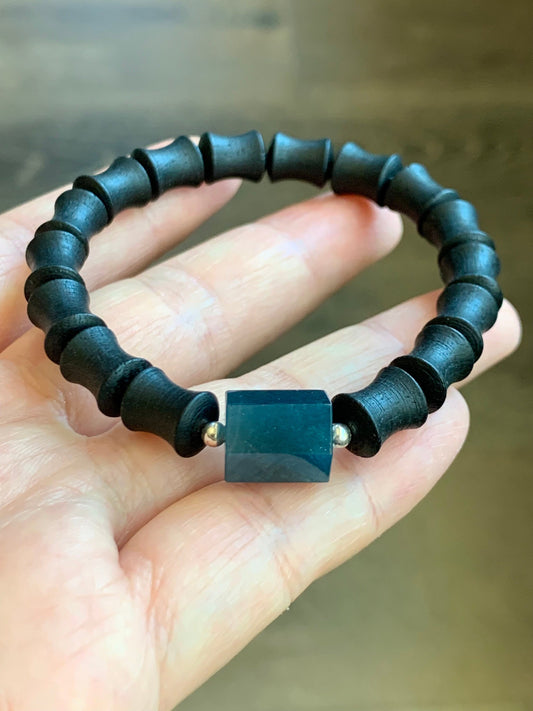 Natural Guatemalan Icy Translucent Indigo Blue Jadeite Hexagonal Prism Bead Vietnamese Agarwood Beaded Bracelet 6.75” 天然冰危牛仔蓝翡翠六棱珠越南土沉香木珠手串
