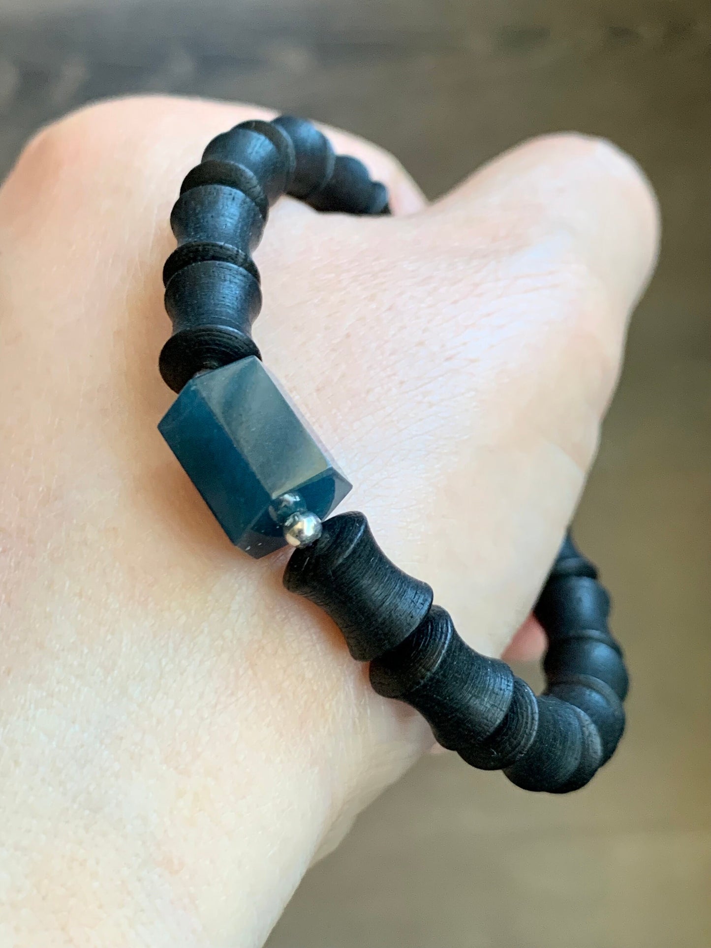 Natural Guatemalan Icy Translucent Indigo Blue Jadeite Hexagonal Prism Bead Vietnamese Agarwood Beaded Bracelet 6.75” 天然冰危牛仔蓝翡翠六棱珠越南土沉香木珠手串
