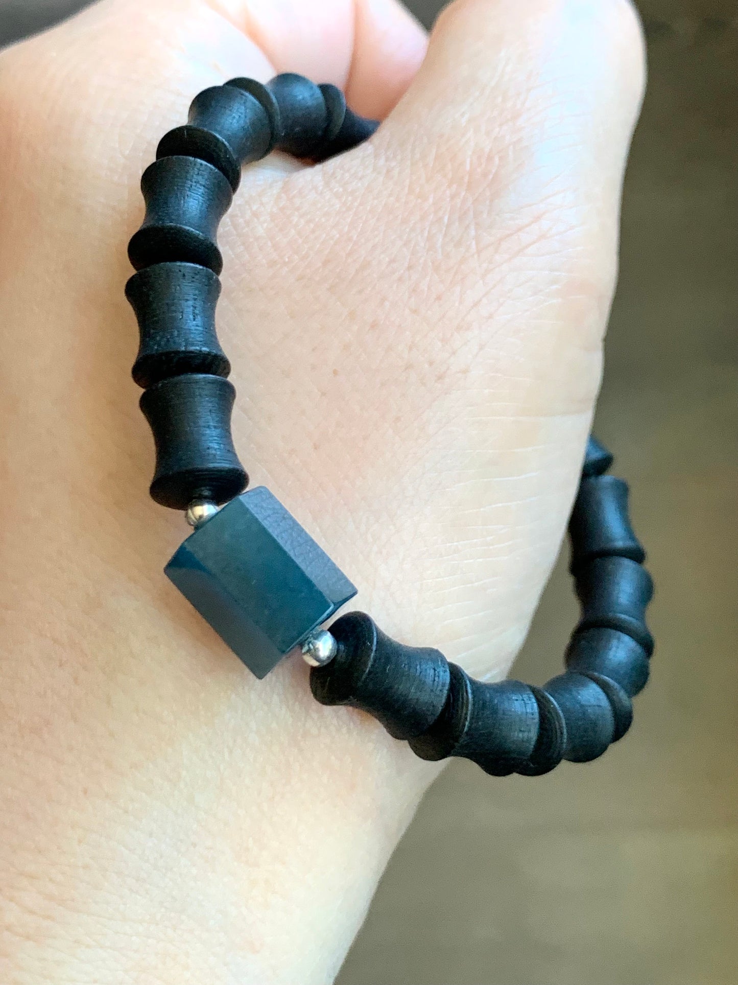 Natural Guatemalan Icy Translucent Indigo Blue Jadeite Hexagonal Prism Bead Vietnamese Agarwood Beaded Bracelet 6.75” 天然冰危牛仔蓝翡翠六棱珠越南土沉香木珠手串