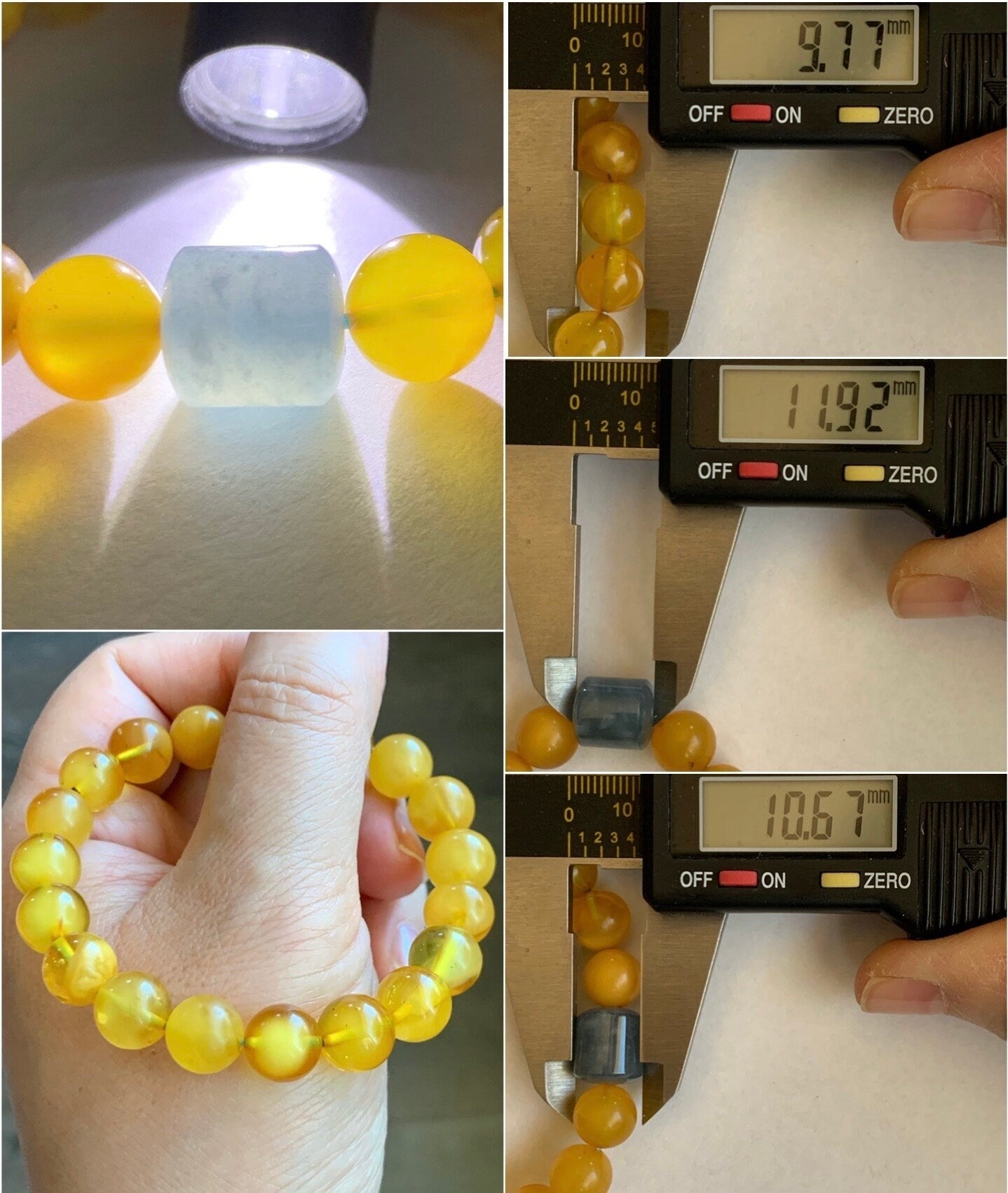 Natural Guatemalan Icy Translucent Blue Jadeite Barrel Bead Fossilized Honeybee Wax Tree Resin Beads Beaded Bracelet 6.75" 12g 天然冰危蓝翡翠珠蜜蜡珠手串