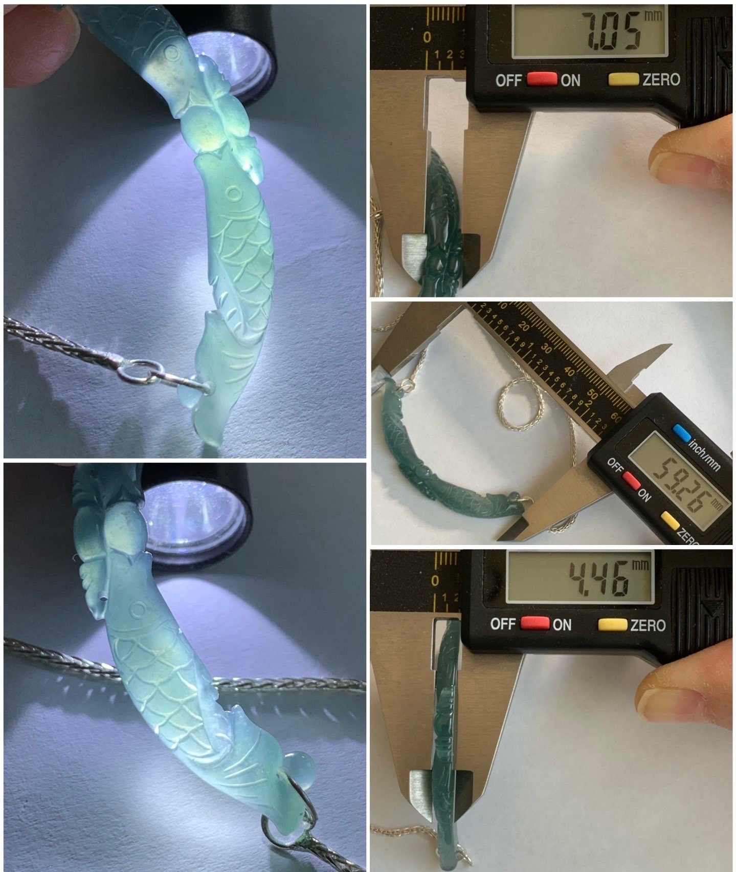 Natural Guatemalan Icy Translucent Teal Blue Jadeite Double Fish Crescent Pendant 999 Sterling Silver Necklace 20” 天然冰胶危料蓝水翡翠双鱼玉横足银项链