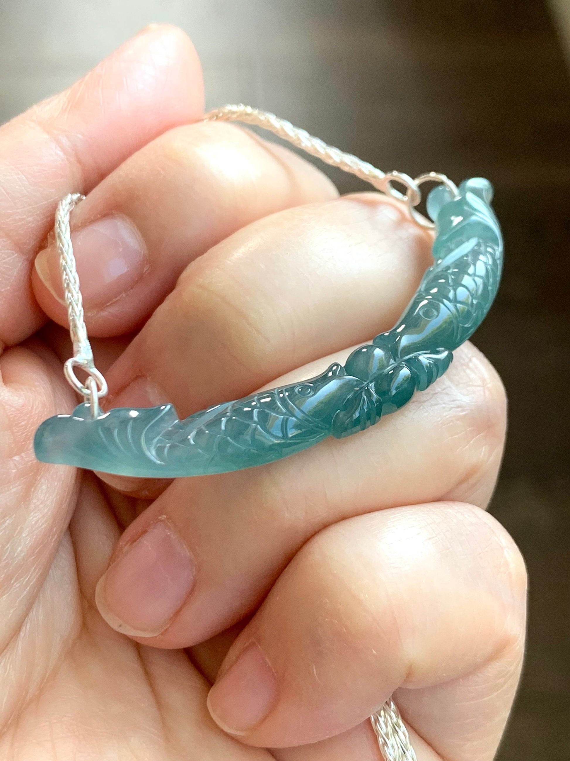 Natural Guatemalan Icy Translucent Teal Blue Jadeite Double Fish Crescent Pendant 999 Sterling Silver Necklace 20” 天然冰胶危料蓝水翡翠双鱼玉横足银项链