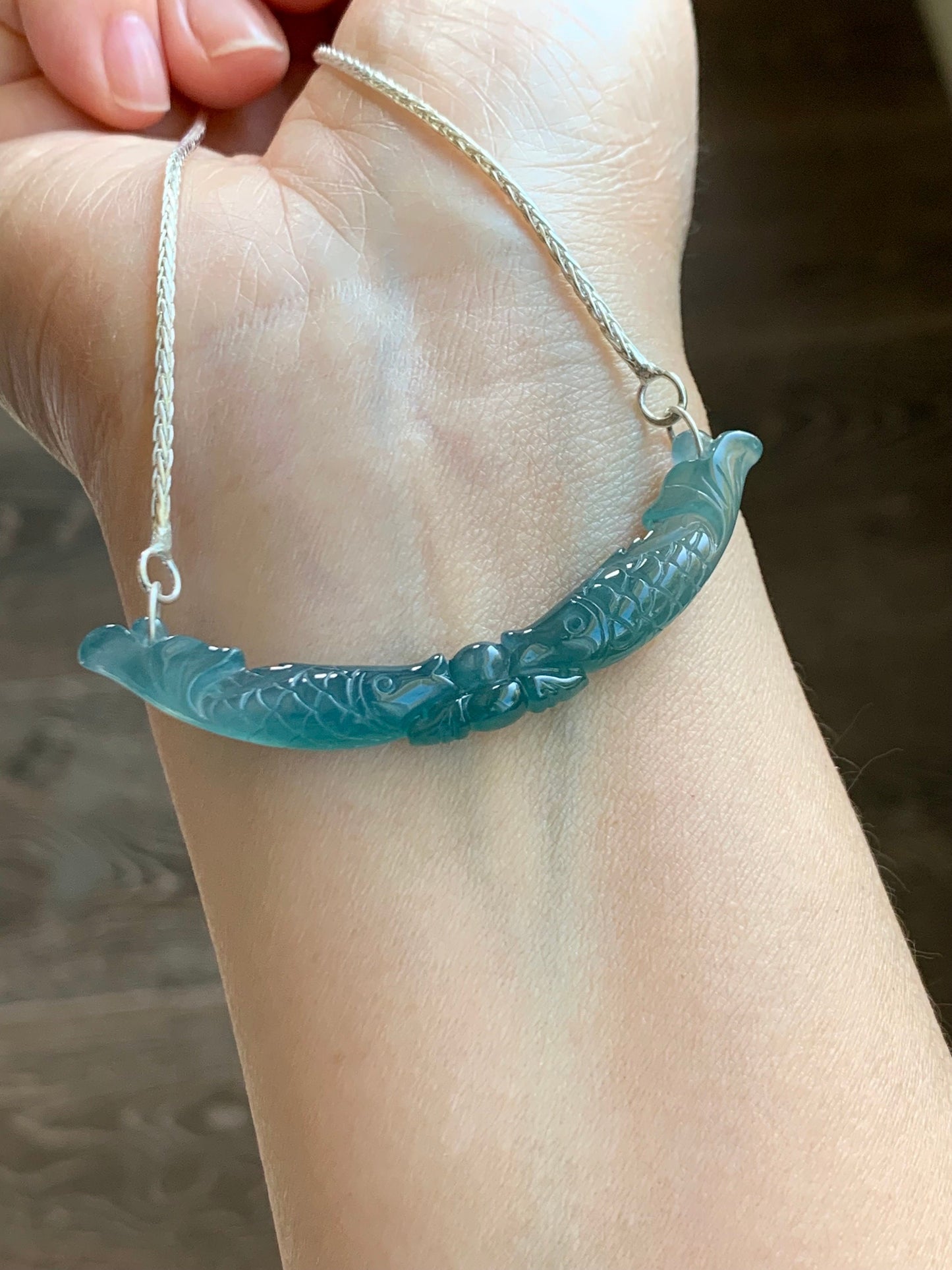 Natural Guatemalan Icy Translucent Teal Blue Jadeite Double Fish Crescent Pendant 999 Sterling Silver Necklace 20” 天然冰胶危料蓝水翡翠双鱼玉横足银项链