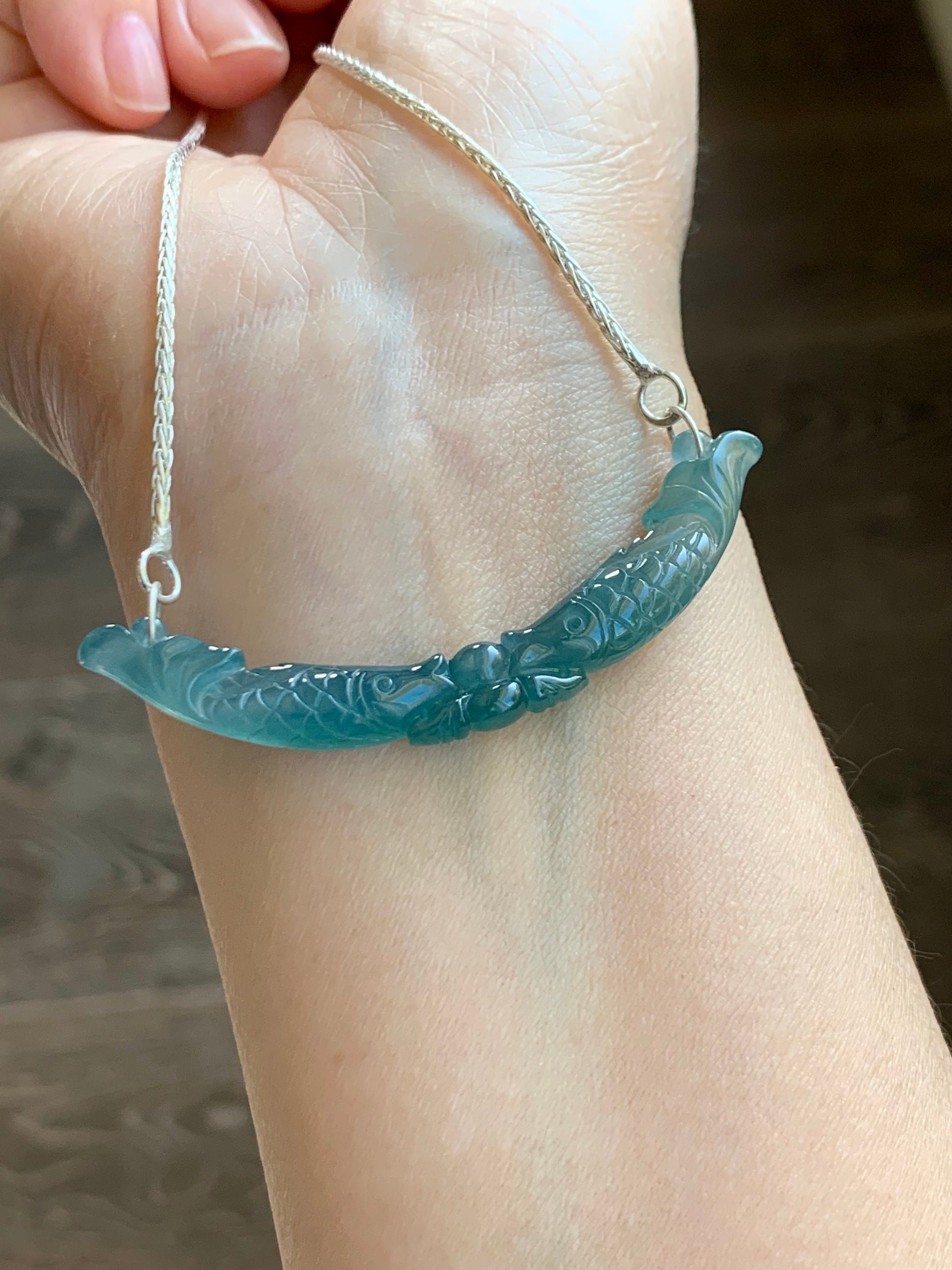 Natural Guatemalan Icy Translucent Teal Blue Jadeite Double Fish Crescent Pendant 999 Sterling Silver Necklace 20” 天然冰胶危料蓝水翡翠双鱼玉横足银项链