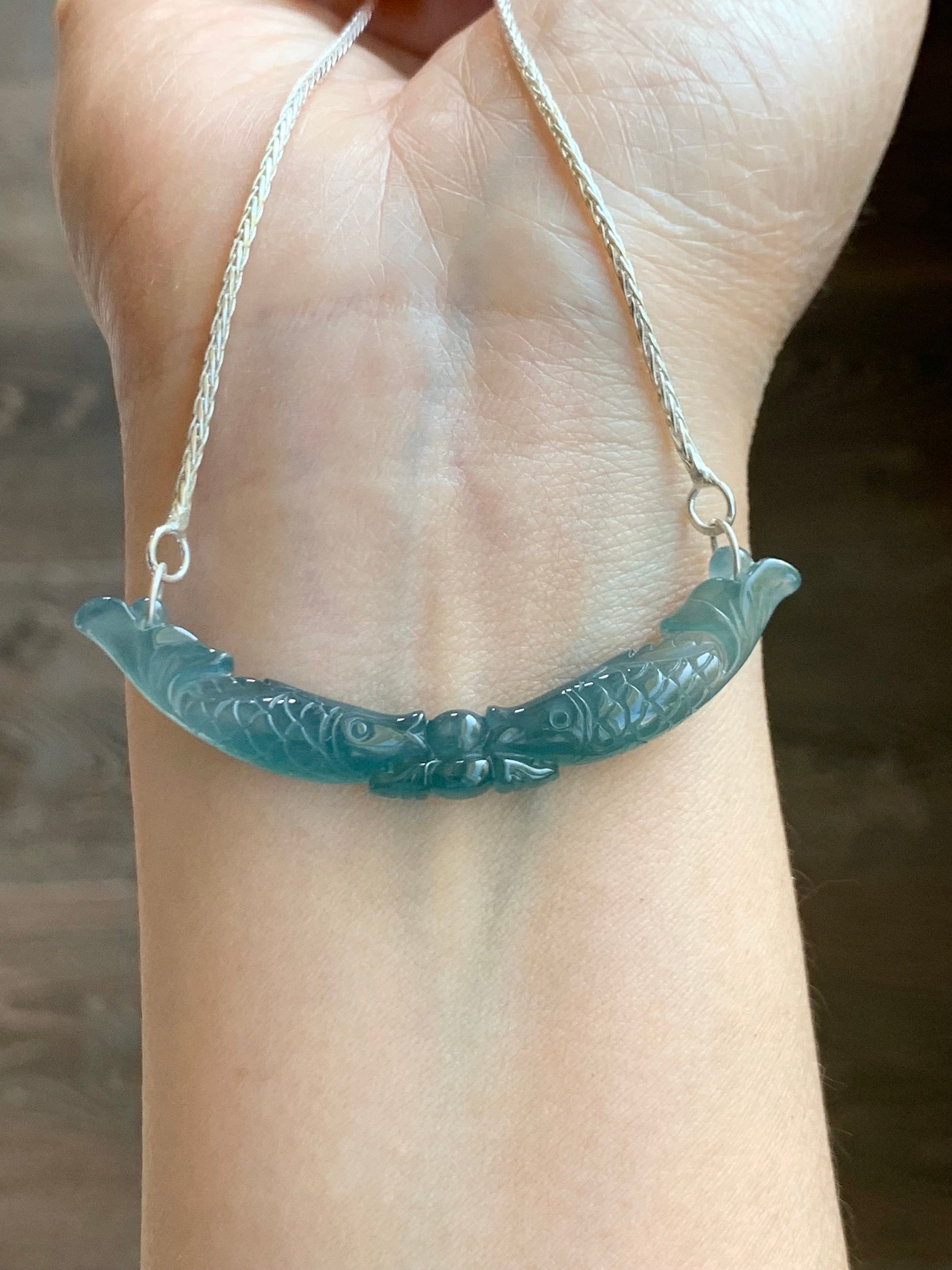 Natural Guatemalan Icy Translucent Teal Blue Jadeite Double Fish Crescent Pendant 999 Sterling Silver Necklace 20” 天然冰胶危料蓝水翡翠双鱼玉横足银项链