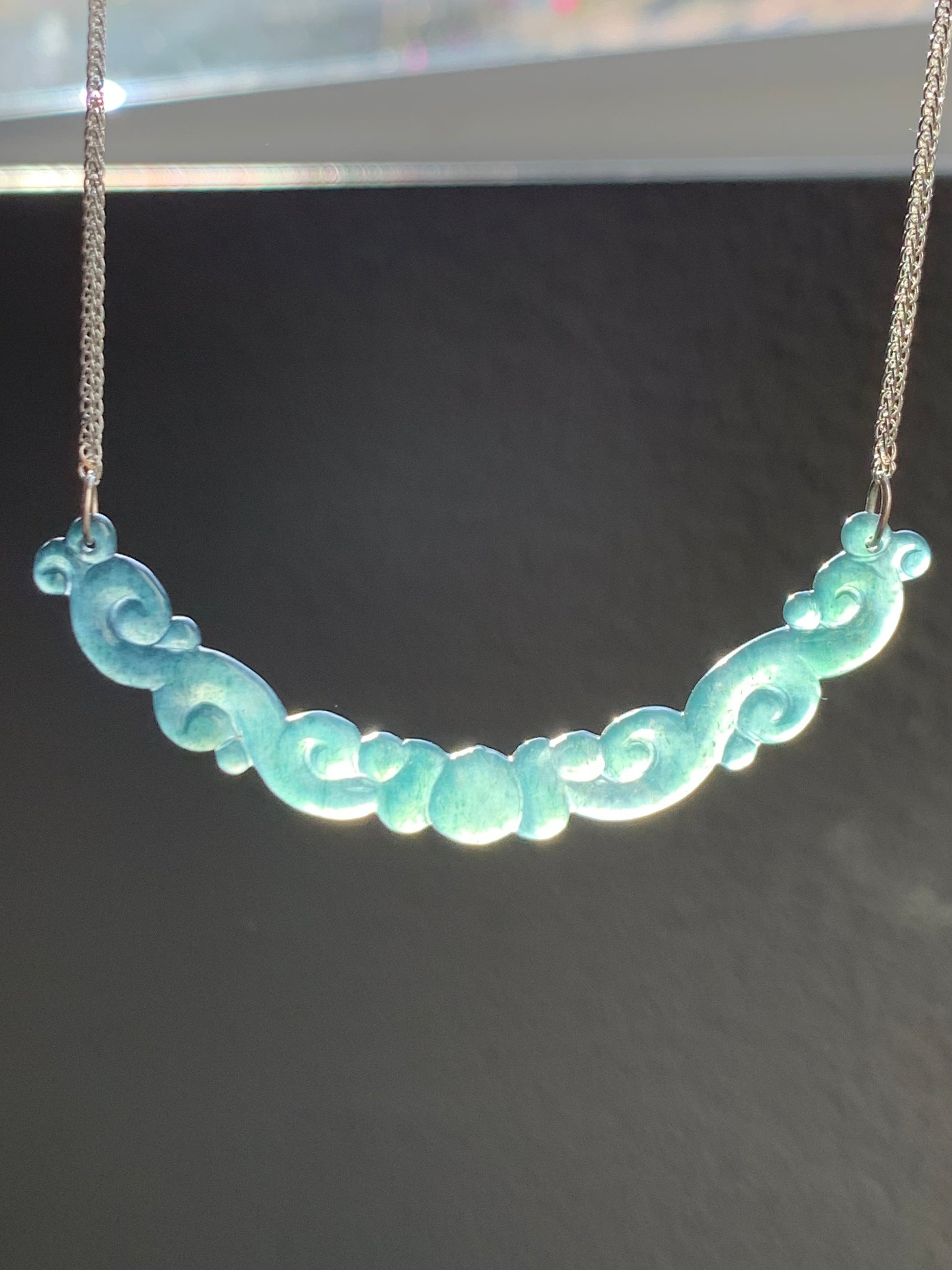 Natural Guatemalan Icy Highly Translucent Teal Green Carved Clouds Crescent Pendant 999 Sterling Silver Necklace 20” 天然起冰起光危蓝绿翡翠仿古祥云玉横足银项链