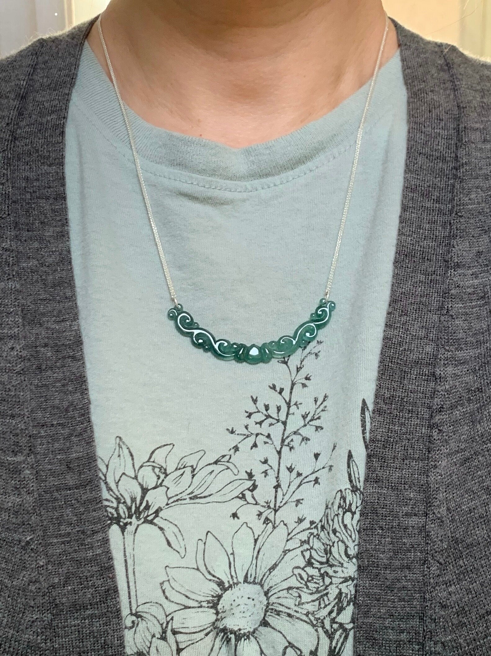 Natural Guatemalan Icy Highly Translucent Teal Green Carved Clouds Crescent Pendant 999 Sterling Silver Necklace 20” 天然起冰起光危蓝绿翡翠仿古祥云玉横足银项链