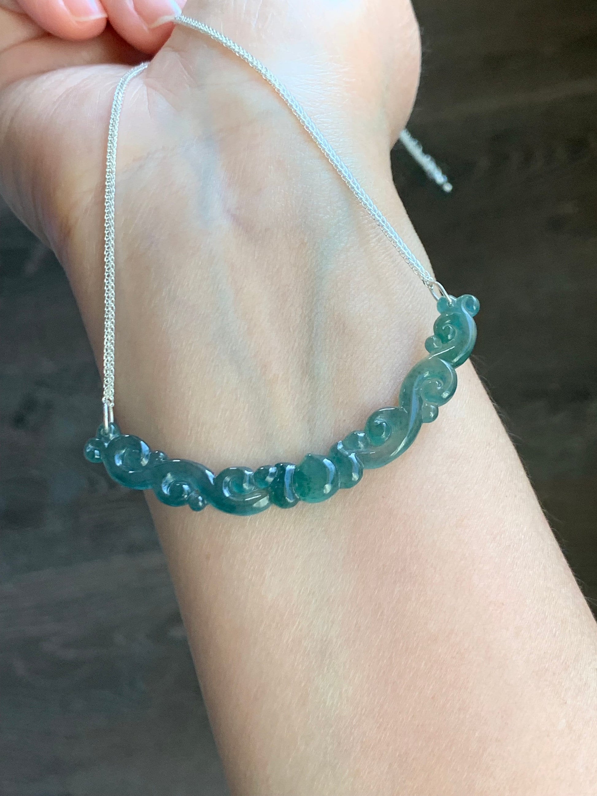 Natural Guatemalan Icy Highly Translucent Teal Green Carved Clouds Crescent Pendant 999 Sterling Silver Necklace 20” 天然起冰起光危蓝绿翡翠仿古祥云玉横足银项链