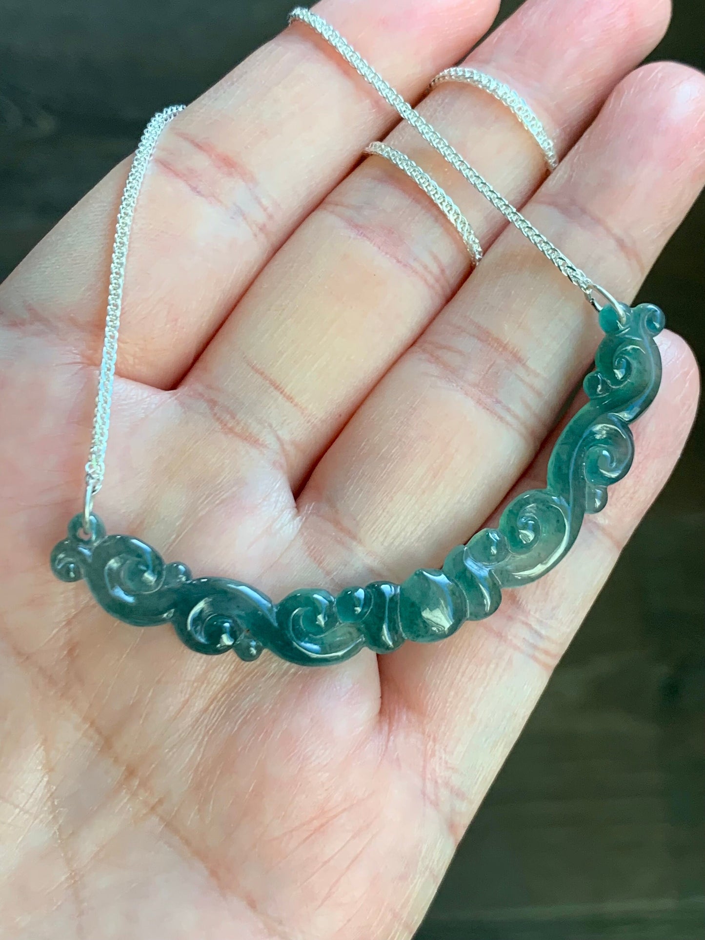 Natural Guatemalan Icy Highly Translucent Teal Green Carved Clouds Crescent Pendant 999 Sterling Silver Necklace 20” 天然起冰起光危蓝绿翡翠仿古祥云玉横足银项链