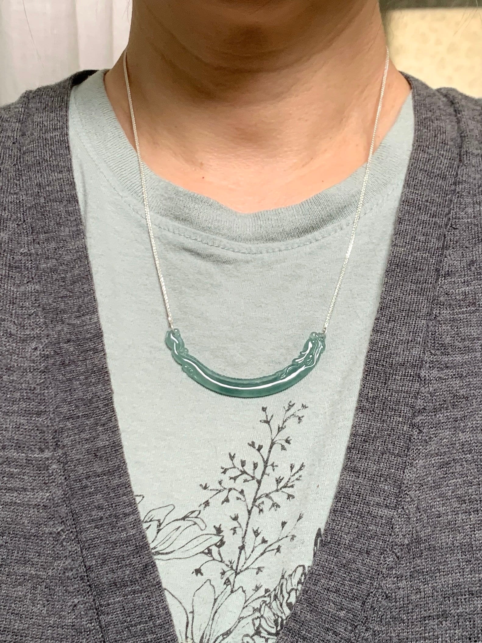 Natural Guatemalan Icy Highly Translucent Light Teal Blue Dragon Crescent Pendant 999 Sterling Silver Necklace 20” 天然起冰起光危晴蓝翡翠仿古龙玉横足银项链