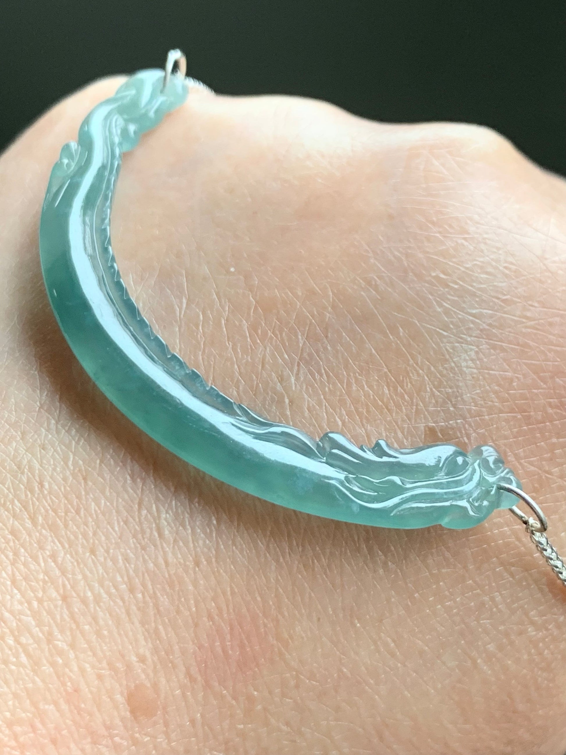 Natural Guatemalan Icy Highly Translucent Light Teal Blue Dragon Crescent Pendant 999 Sterling Silver Necklace 20” 天然起冰起光危晴蓝翡翠仿古龙玉横足银项链
