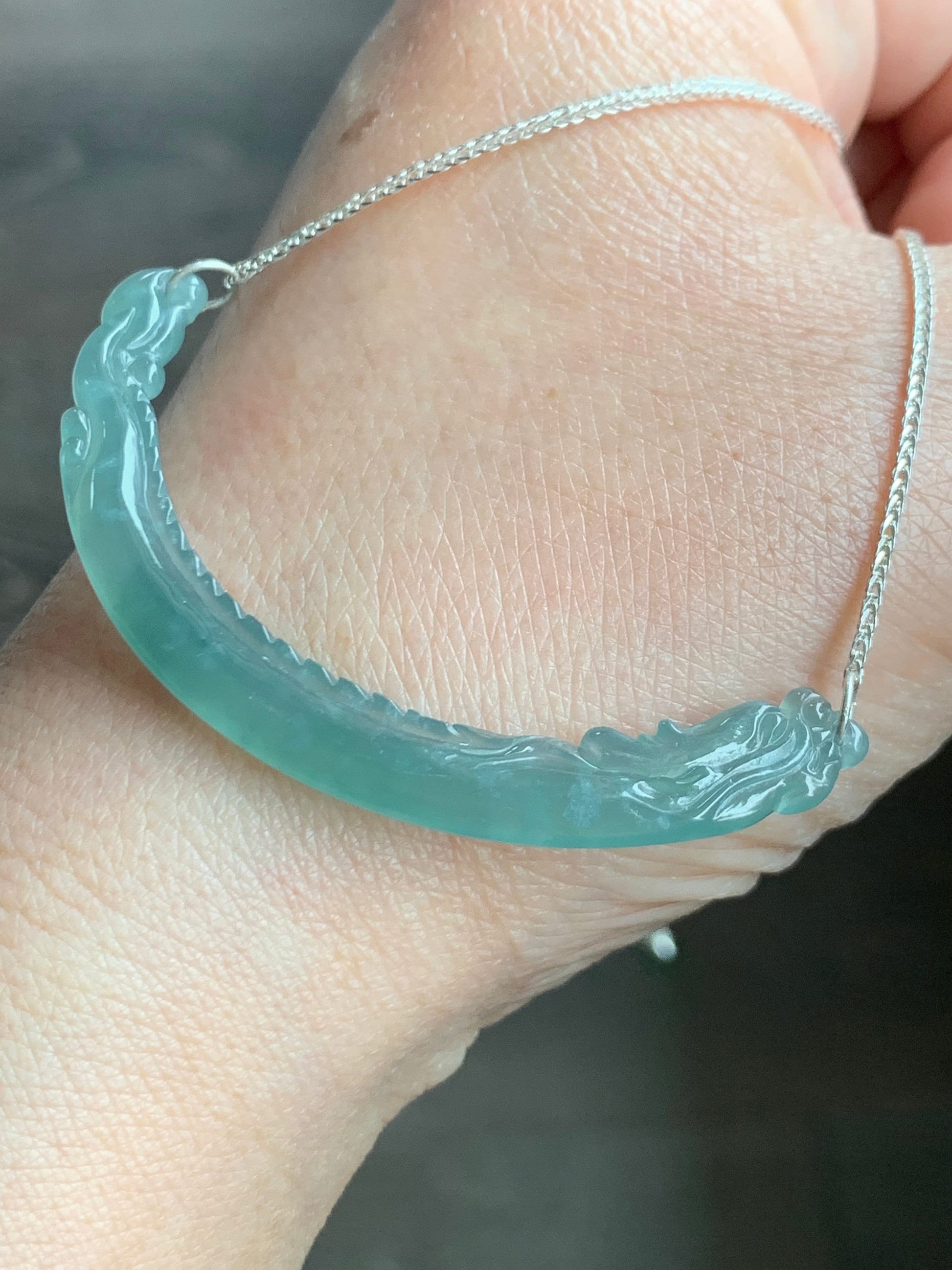 Natural Guatemalan Icy Highly Translucent Light Teal Blue Dragon Crescent Pendant 999 Sterling Silver Necklace 20” 天然起冰起光危晴蓝翡翠仿古龙玉横足银项链