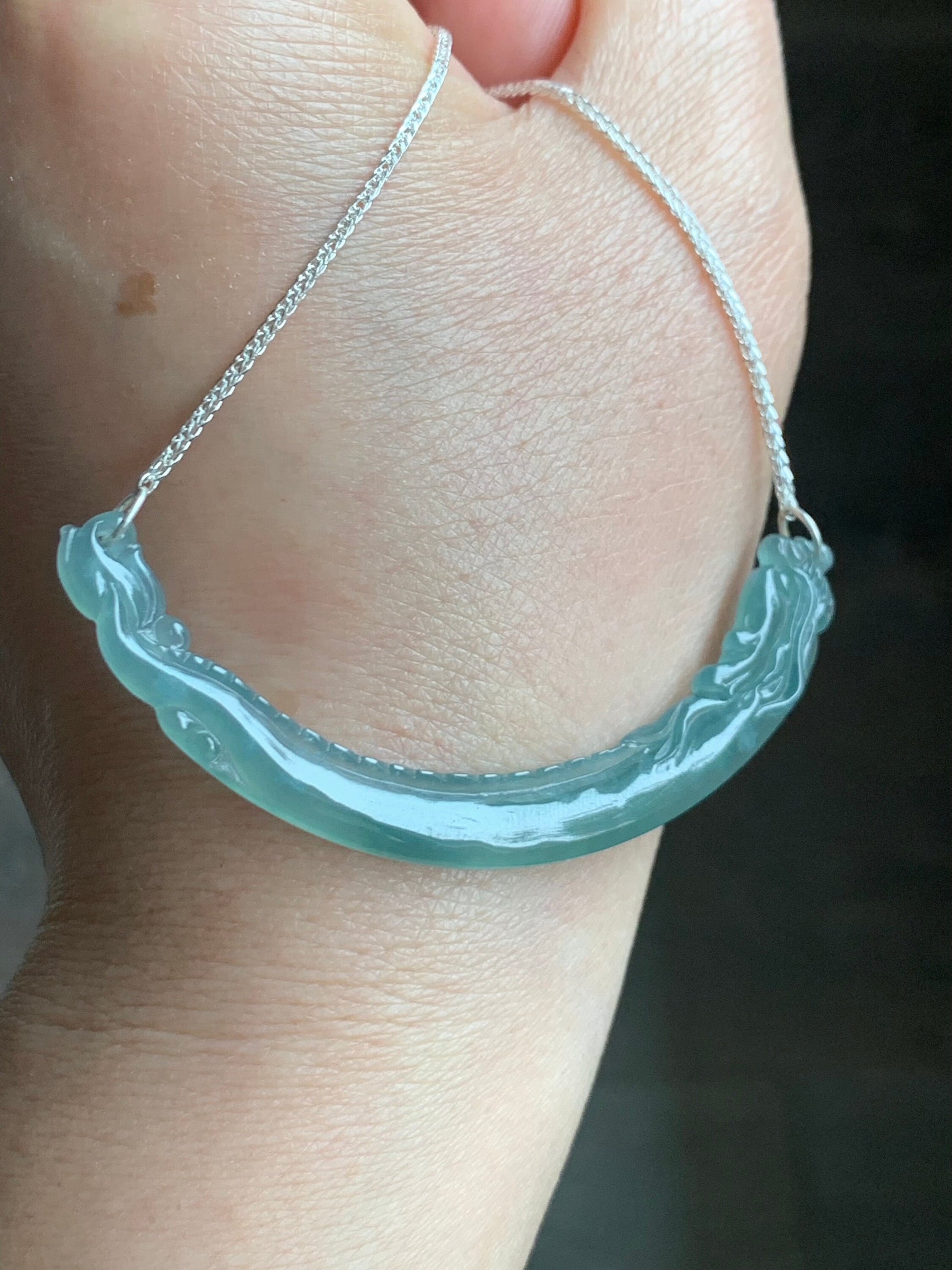 Natural Guatemalan Icy Highly Translucent Light Teal Blue Dragon Crescent Pendant 999 Sterling Silver Necklace 20” 天然起冰起光危晴蓝翡翠仿古龙玉横足银项链