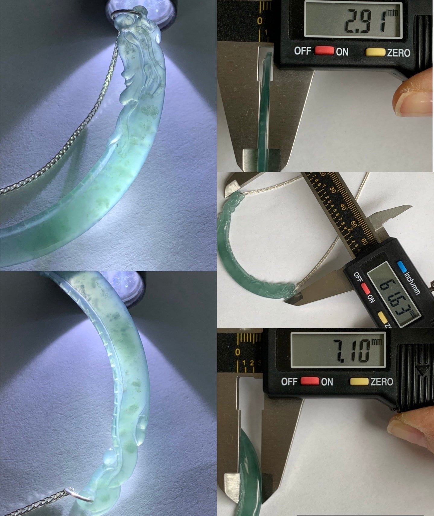 Natural Guatemalan Icy Highly Translucent Light Teal Blue Dragon Crescent Pendant 999 Sterling Silver Necklace 20” 天然起冰起光危晴蓝翡翠仿古龙玉横足银项链