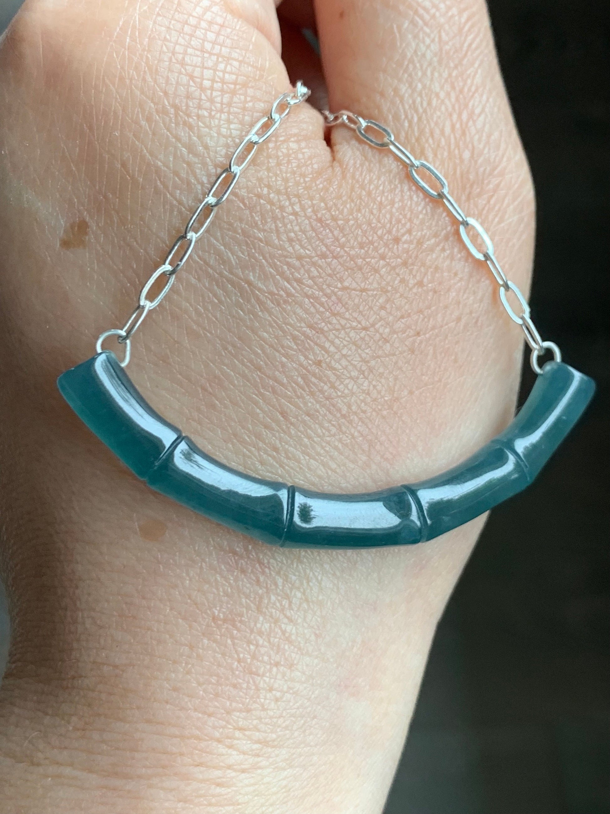 Natural Guatemalan Icy Translucent Deep Blue Jadeite Bamboo Crescent Pendant 999 Sterling Silver Necklace 20” Adjustable 天然冰胶危料深蓝水翡翠竹节玉横足银项链