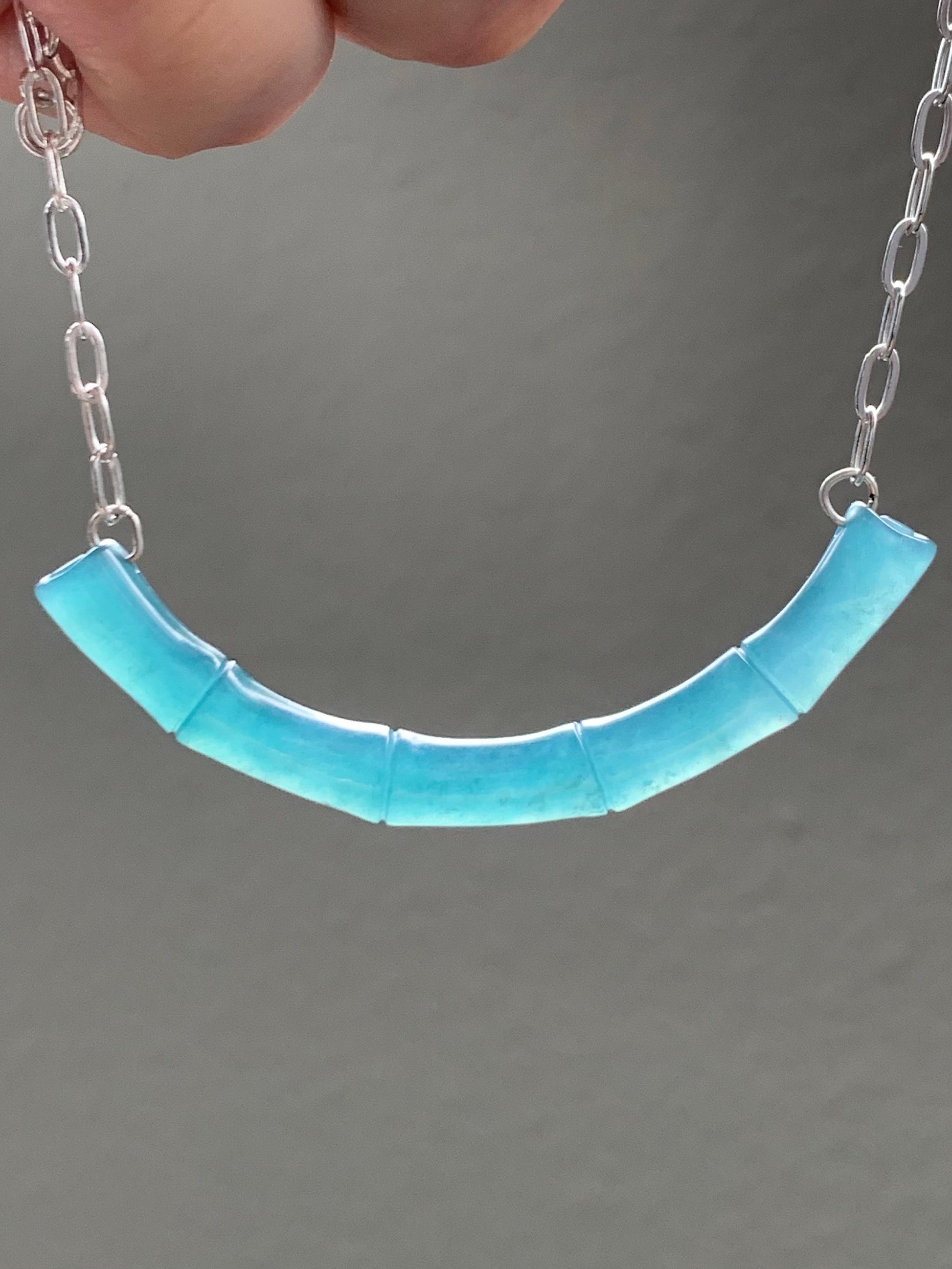 Natural Guatemalan Icy Translucent Deep Blue Jadeite Bamboo Crescent Pendant 999 Sterling Silver Necklace 20” Adjustable 天然冰胶危料深蓝水翡翠竹节玉横足银项链