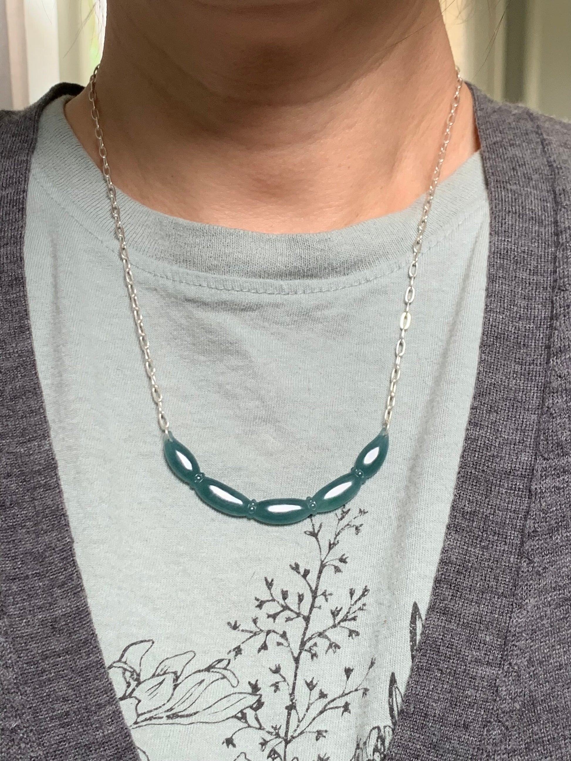 Natural Guatemalan Icy Translucent Teal Blue Jadeite Lotus Root Crescent Pendant Sterling Silver Necklace 21” Adjustable 天然冰胶危料蓝水翡翠莲藕玉横足银项链