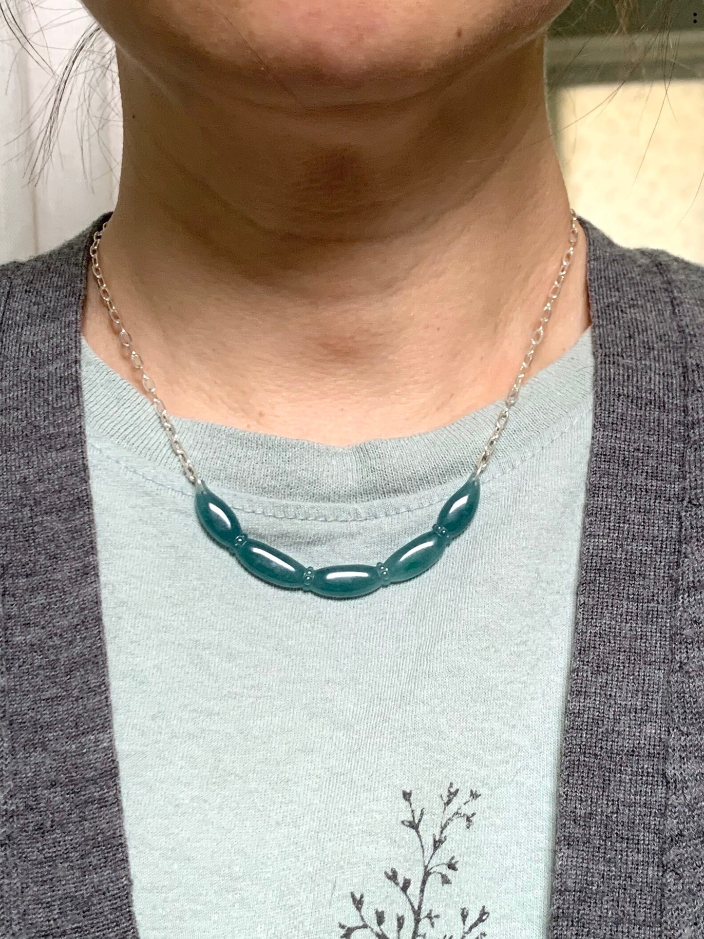 Natural Guatemalan Icy Translucent Teal Blue Jadeite Lotus Root Crescent Pendant Sterling Silver Necklace 21” Adjustable 天然冰胶危料蓝水翡翠莲藕玉横足银项链