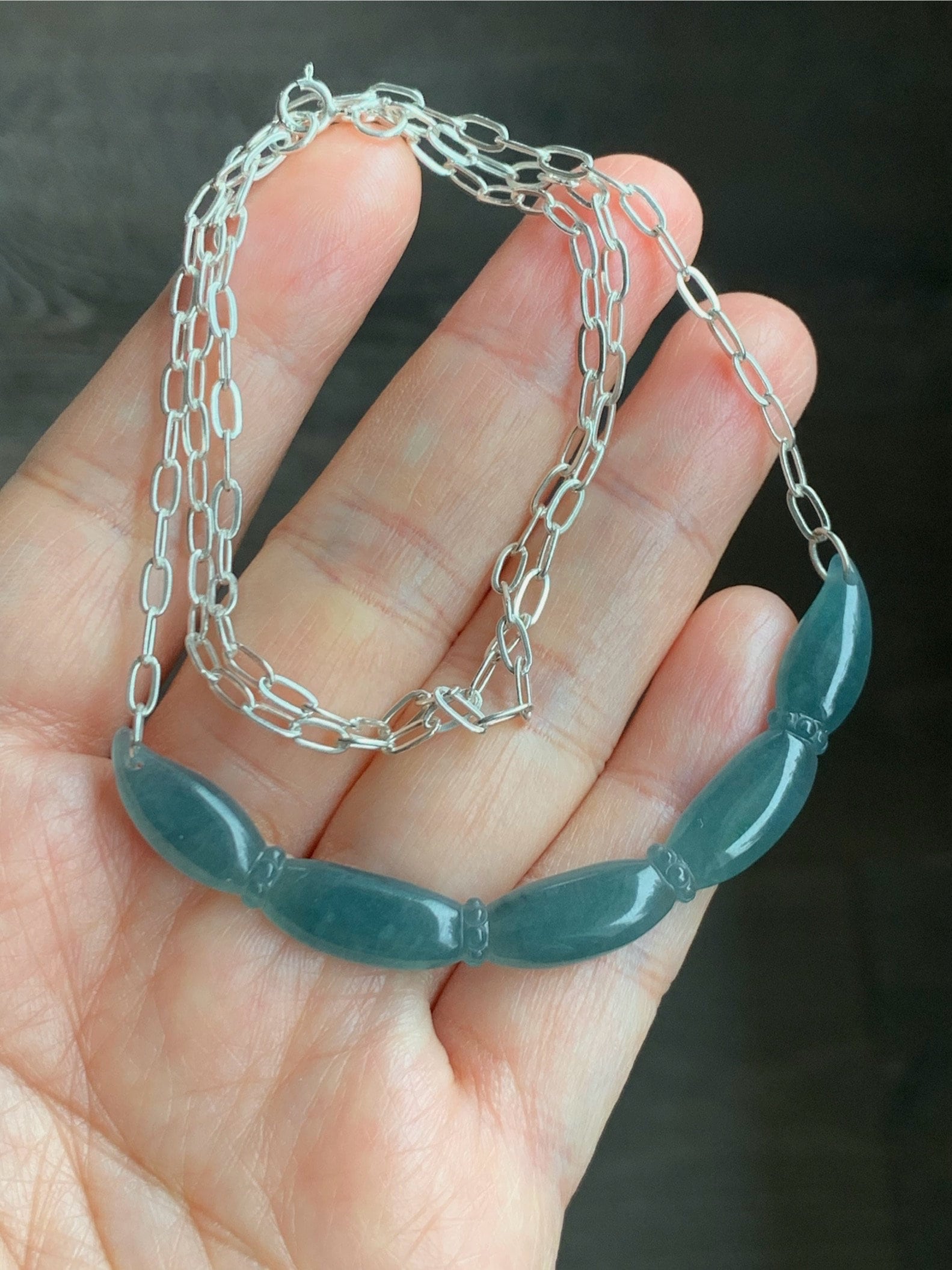 Natural Guatemalan Icy Translucent Teal Blue Jadeite Lotus Root Crescent Pendant Sterling Silver Necklace 21” Adjustable 天然冰胶危料蓝水翡翠莲藕玉横足银项链
