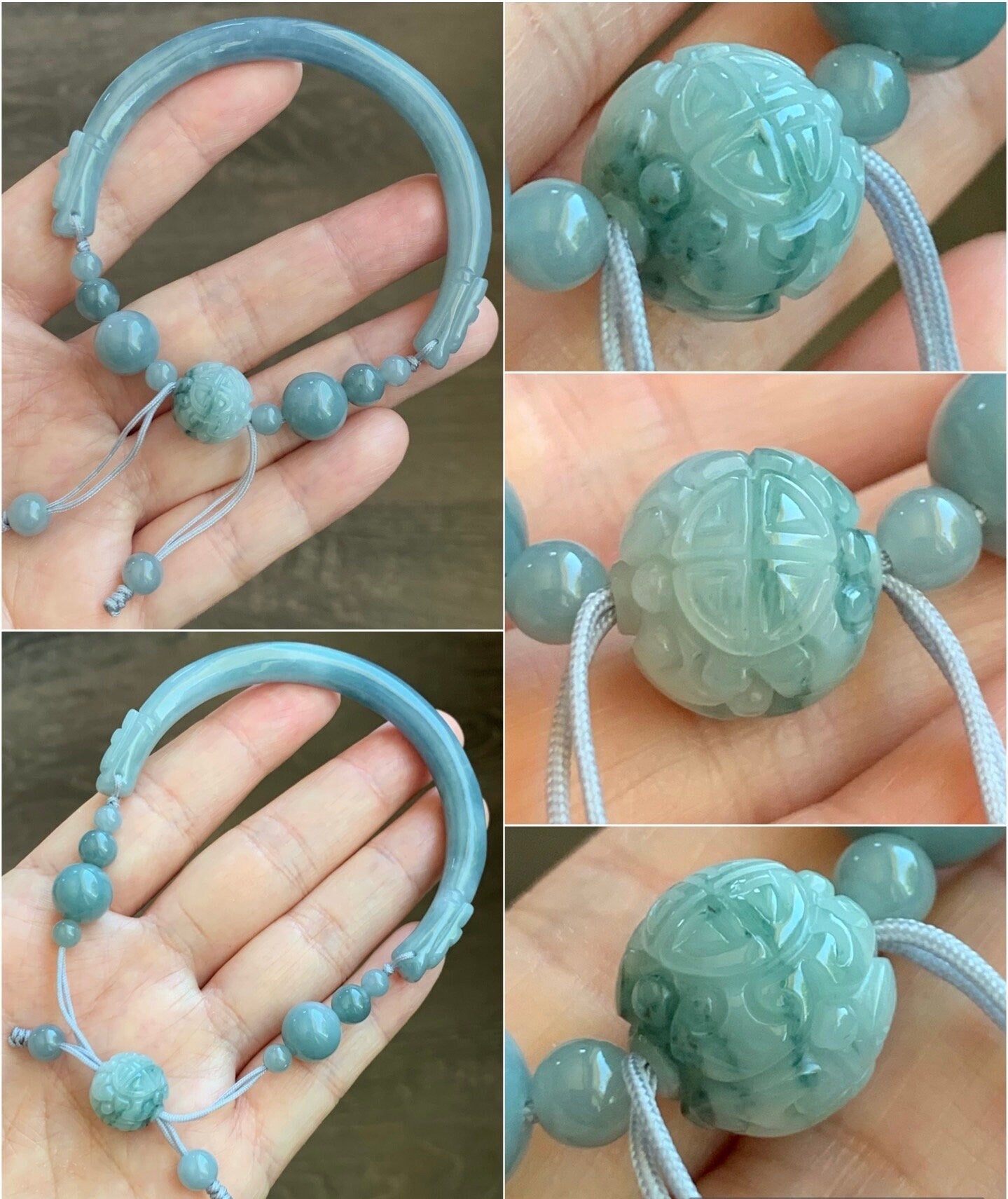 Natural Guatemalan Icy Translucent Dusty Blue Jadeite w/ Dark Teal Blue Marbling Open Bangle Beaded Bracelet 56.6mm 27g 天然冰胶危篮翡翠半镯手串