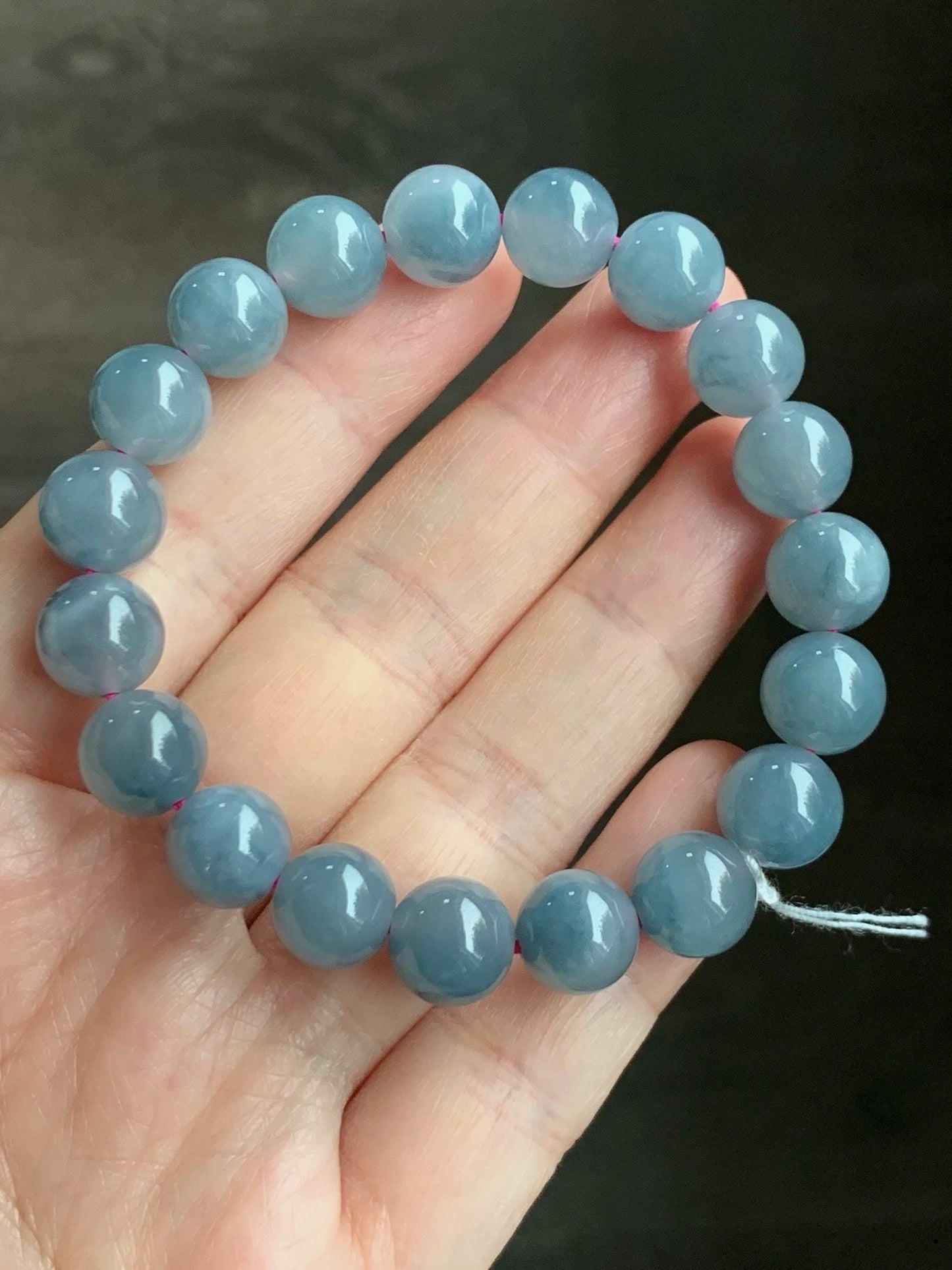 Certified Natural Guatemalan Icy Highly Translucent Dusty Purplish Blue Jadeite Beaded Bracelet 9.6mm 6.75” 30.06g 天然老种冰危蓝紫飘花翡翠圆珠手串 1496