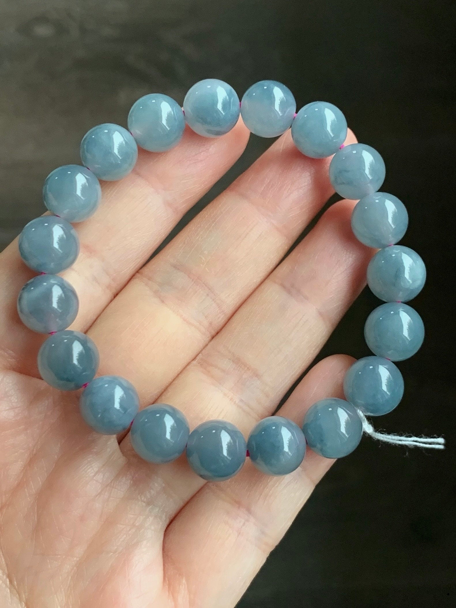 Certified Natural Guatemalan Icy Highly Translucent Dusty Purplish Blue Jadeite Beaded Bracelet 9.6mm 6.75” 30.06g 天然老种冰危蓝紫飘花翡翠圆珠手串 1496