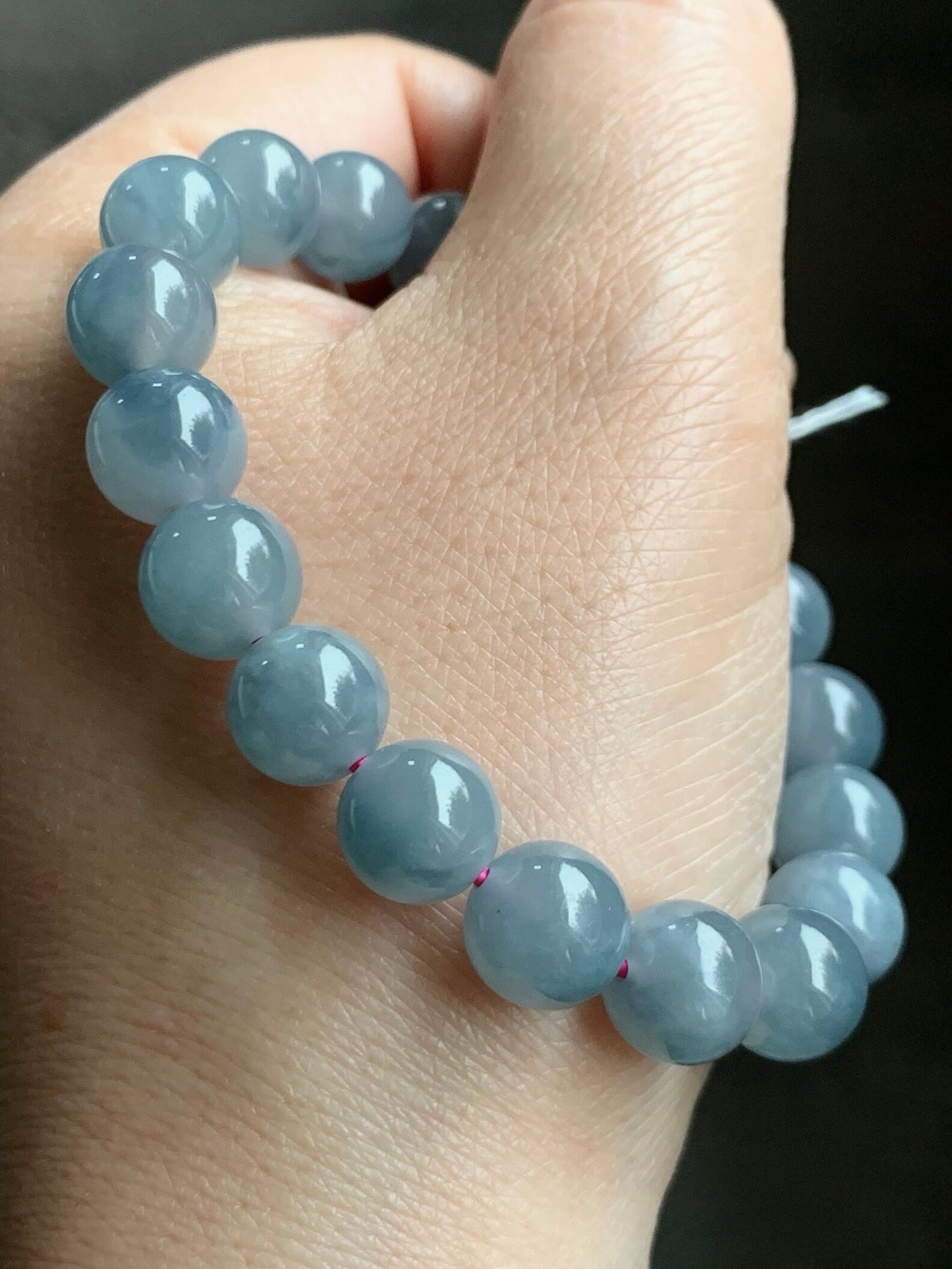 Certified Natural Guatemalan Icy Highly Translucent Dusty Purplish Blue Jadeite Beaded Bracelet 9.6mm 6.75” 30.06g 天然老种冰危蓝紫飘花翡翠圆珠手串 1496